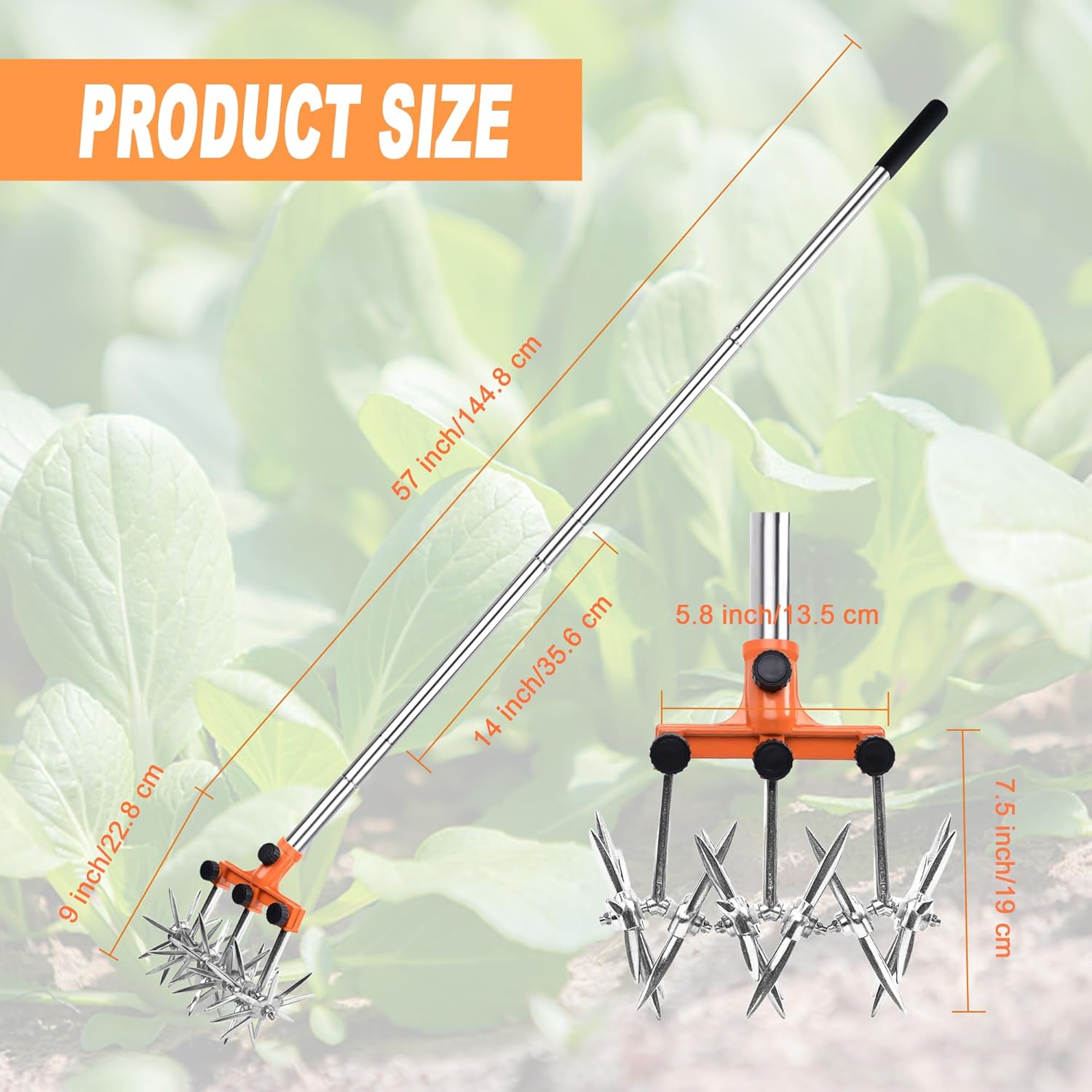 Adjustable Rotating Garden Cultivator Stainless Steel for Mixing Brine or Reseeding, Total Length: 145cm