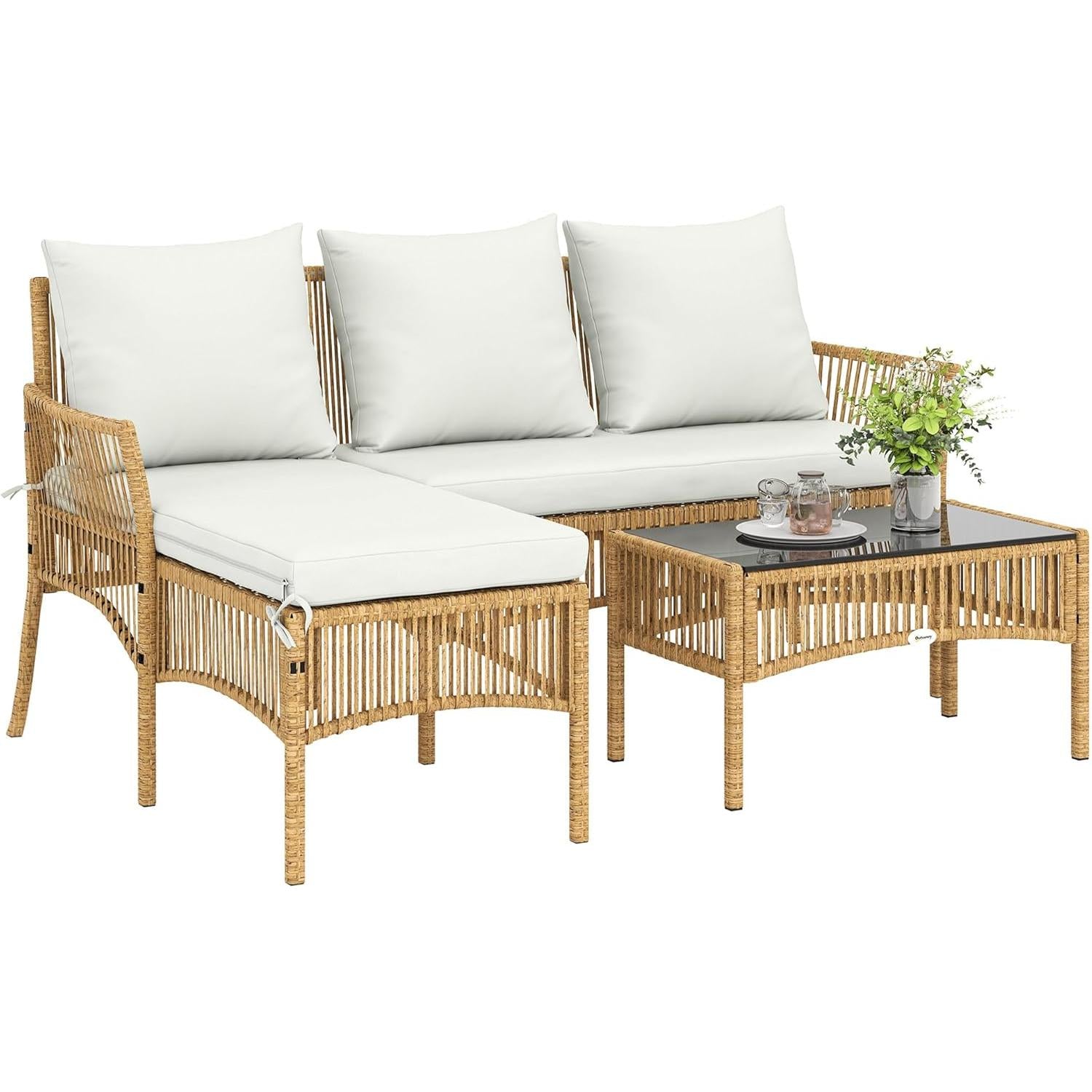 Outsunny Outdoor Garden Furniture Corner 4 Seater Resin Braided 2 Seater Sofa Lounge Chair Coffee Table Tempered Glass Top and Cushions Garden Furniture Patio Patio Cream