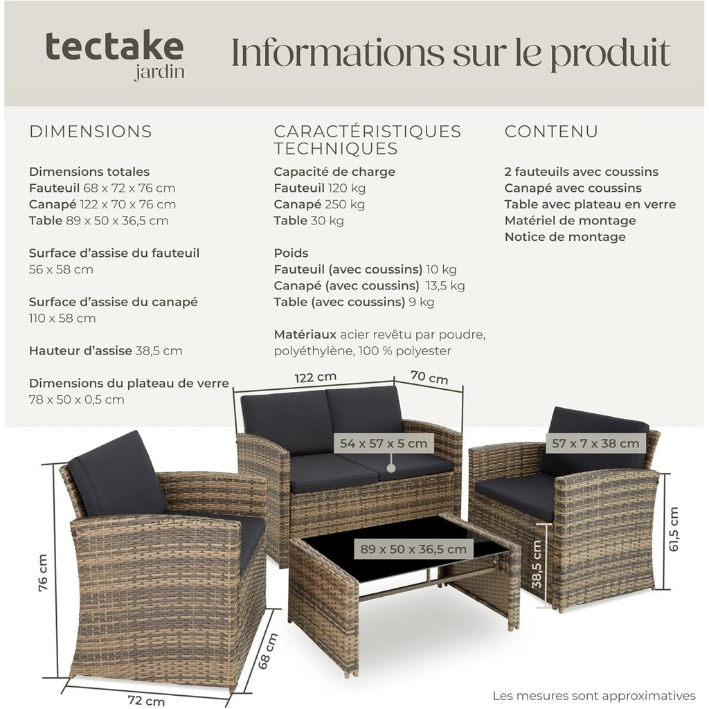 tectake 4 Seater Resin Outdoor Garden Furniture Set Garden Table, 1 Sofa, 2 Armchairs, Cushions Included, Garden Furniture - Natural Brown/Dark Grey
