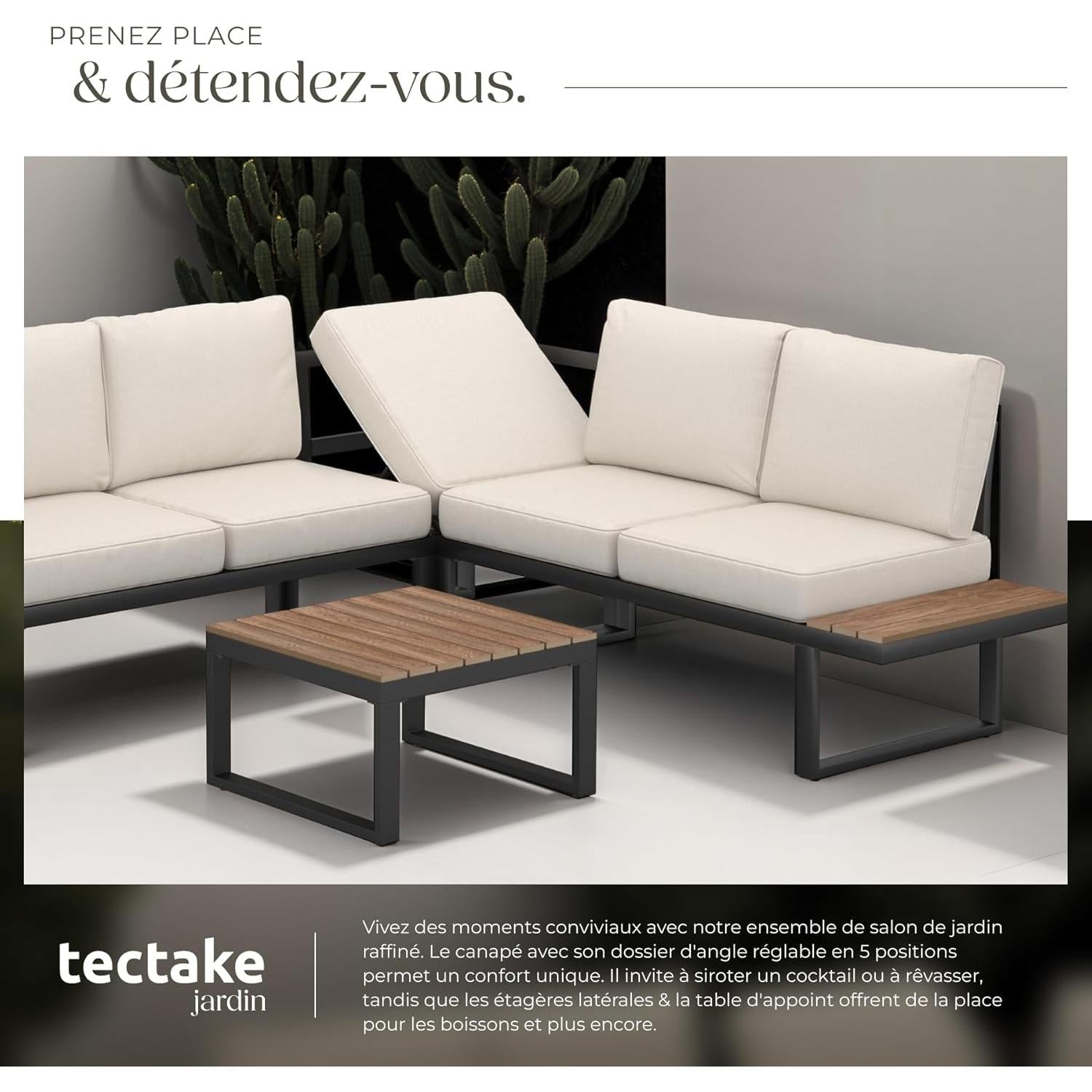 tectake 5 Person Aluminium Outdoor Garden Furniture Set with 5 Seater Sofa & Garden Table, Thick Cushions Included, Furniture for Balcony Terrace Veranda