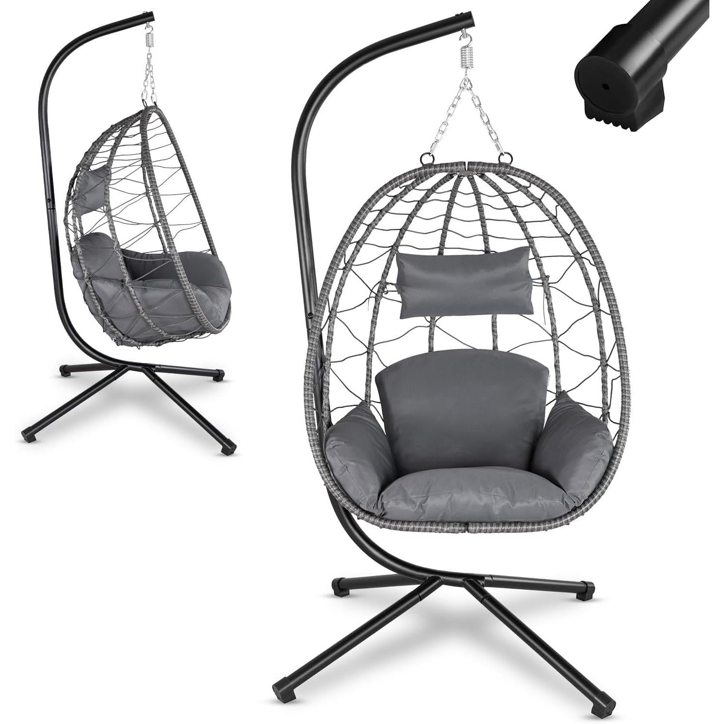 Juskys Aria Hanging Chair with Cushion, Height Adjustable and Foldable, Synthetic Rattan Swing for Outdoor and Indoor Use, Dark Grey Wicker Seat up to 130 kg