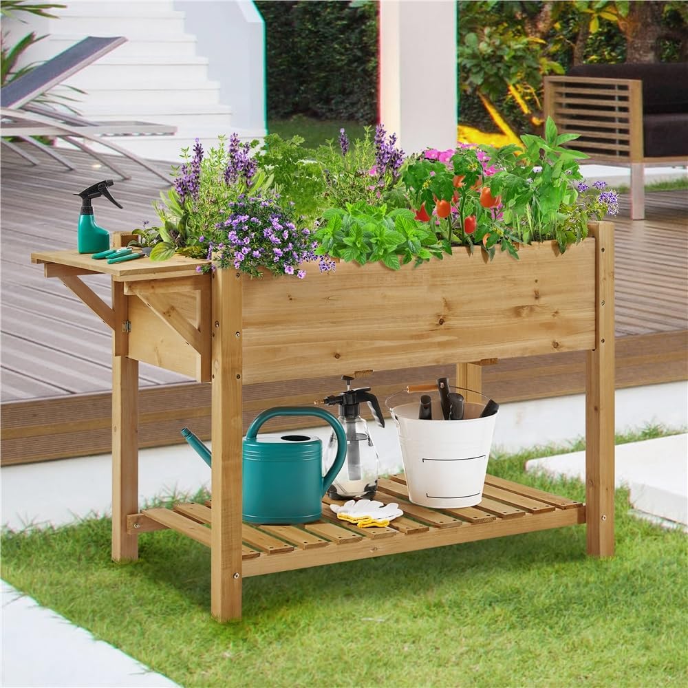 Yaheetech Square Garden on Feet Outdoor Square Wooden Plant Raised Wooden Planter with Drainage Holes for Home / Balcony / Garden Growing Light Brown
