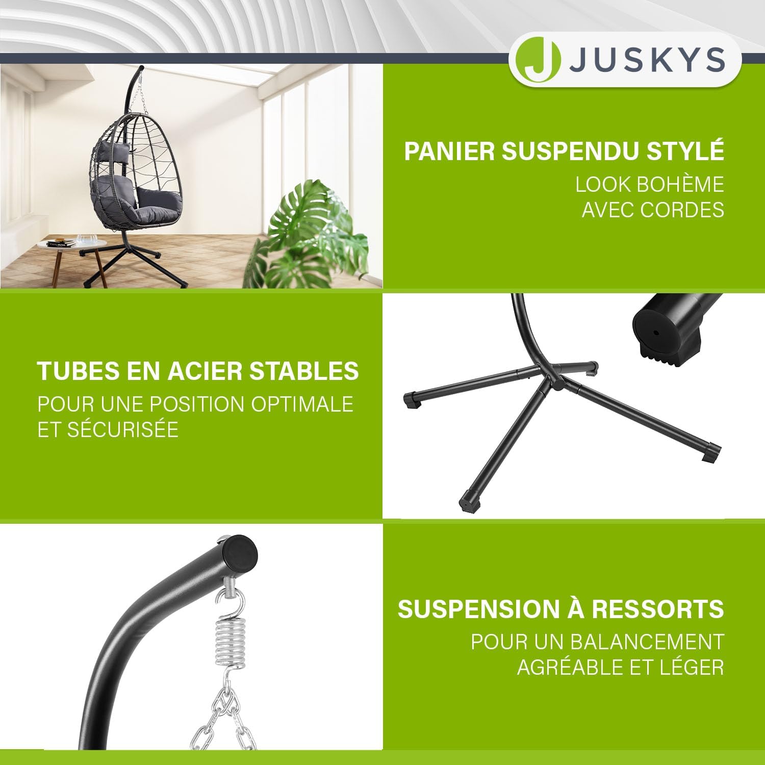 Juskys Aria Hanging Chair with Cushion, Height Adjustable and Foldable, Synthetic Rattan Swing for Outdoor and Indoor Use, Dark Grey Wicker Seat up to 130 kg