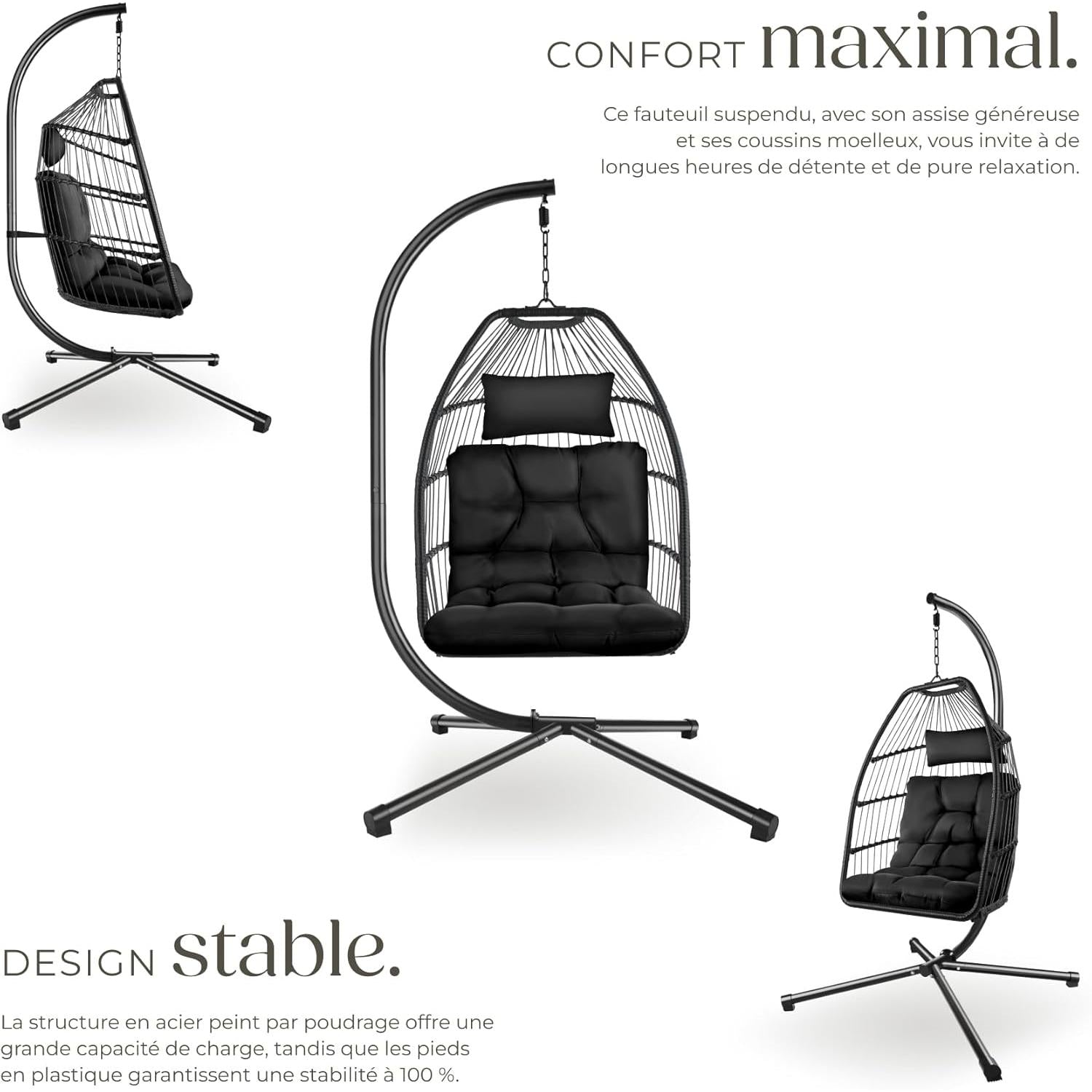 tectake Hanging Egg Hammock Chair Cocooning Swing Chair Comfortable Foldable Durable Relax Chair with Steel Frame & Thick Cushion