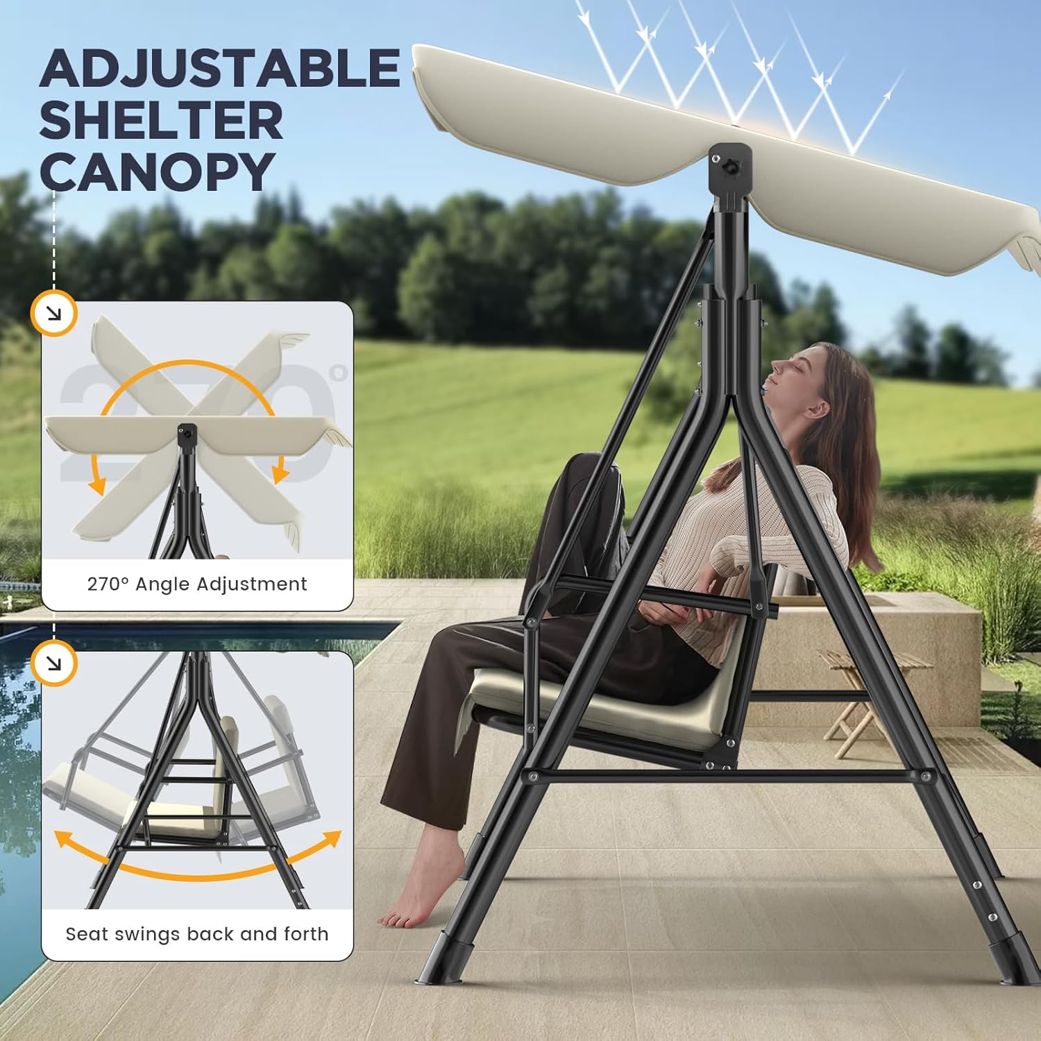 Ergonomic 3 Seater Swing Chair with Adjustable Roof, Garden Swing with Non-Slip Feet, Stable Metal Frame, Water Resistant, Outdoor Swing for Patio and Garden, Beige