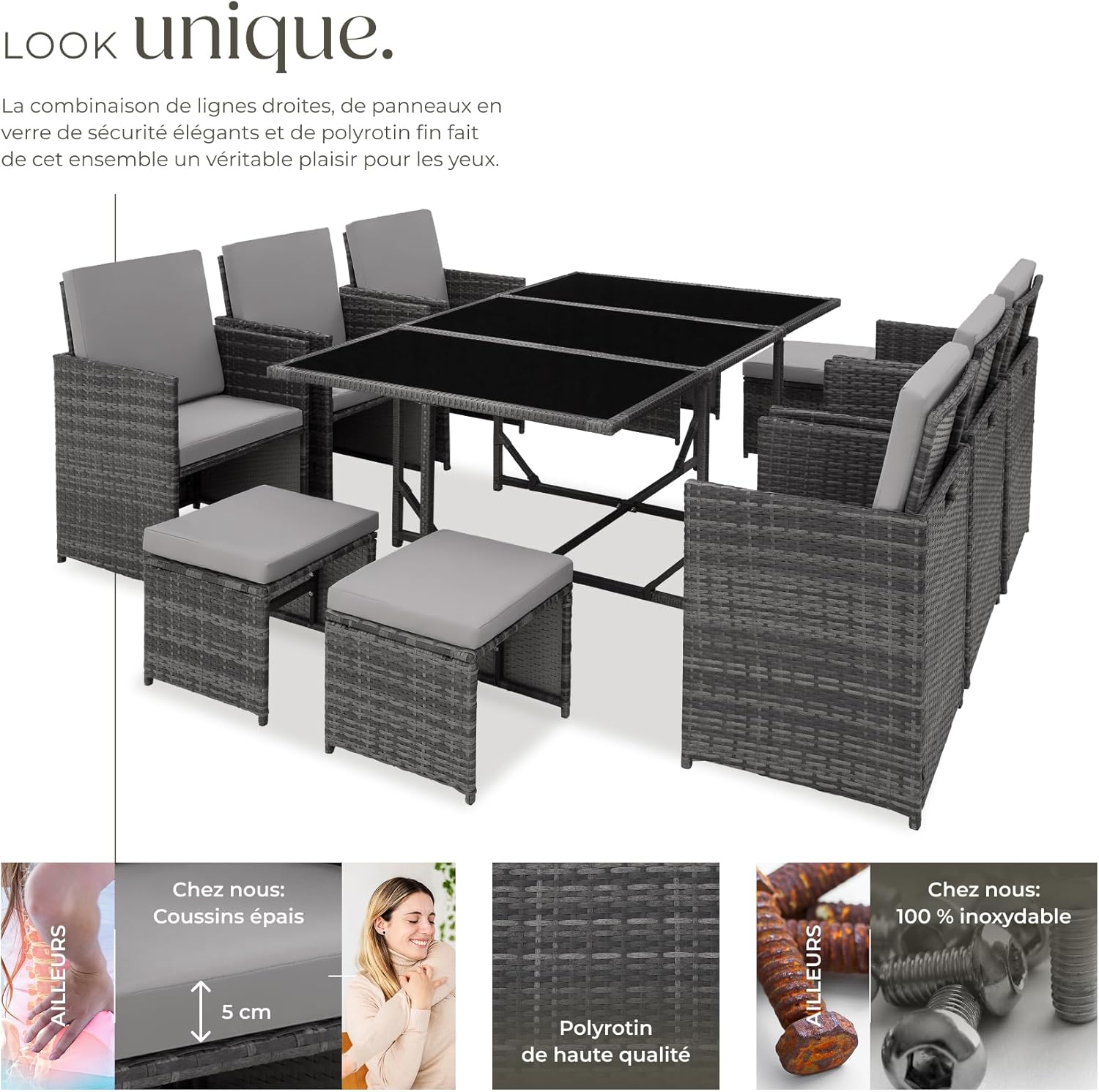 tectake Poly Rattan Outdoor Resin Woven Garden Furniture Table 10 Person 6 Rattan Chair 4 Recessed Pouffe Stool with Protective Cover, Easy Care