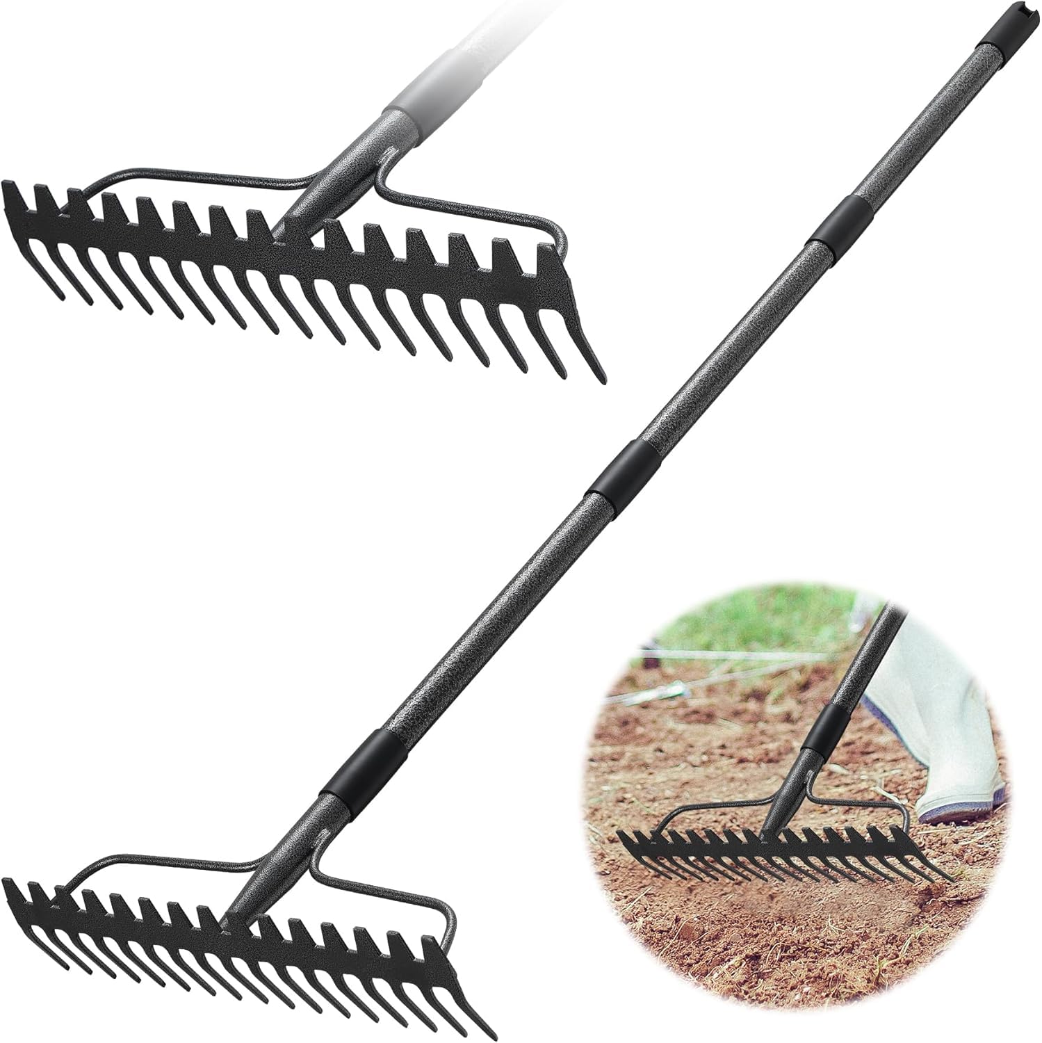 Bow Rake 17 Teeth Metal Rake Heavy Duty 4FT Garden Rake with Stainless Steel Handle, Grey