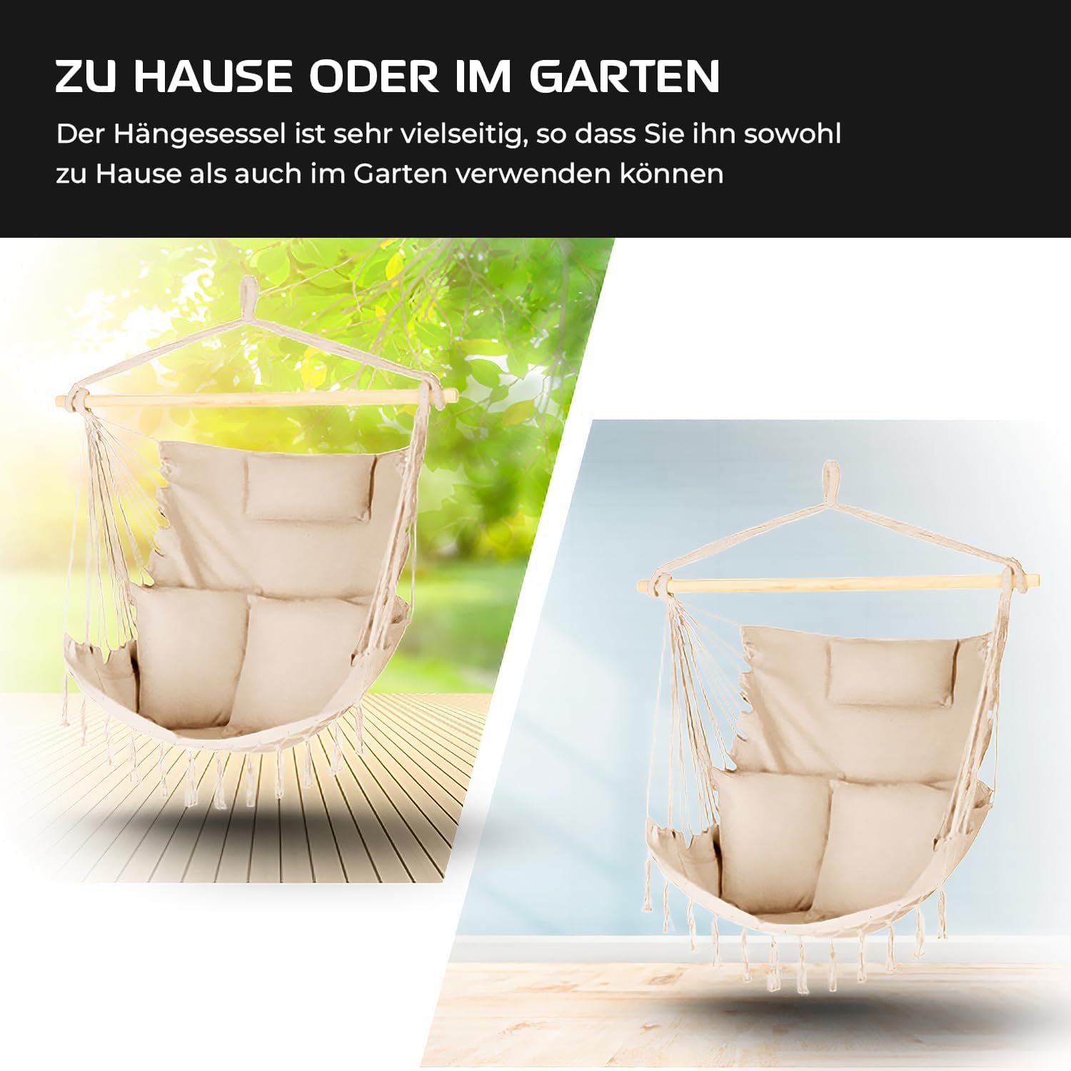 Hanging Chair with 2 Cushions, Hanging Hammock – 100 x 130 x 75 cm – BIS 150 kg – Outdoor and Indoor Hanging Chair – Bohemian Style Suitable for Any Decor – Ideal for Balcony, Garden