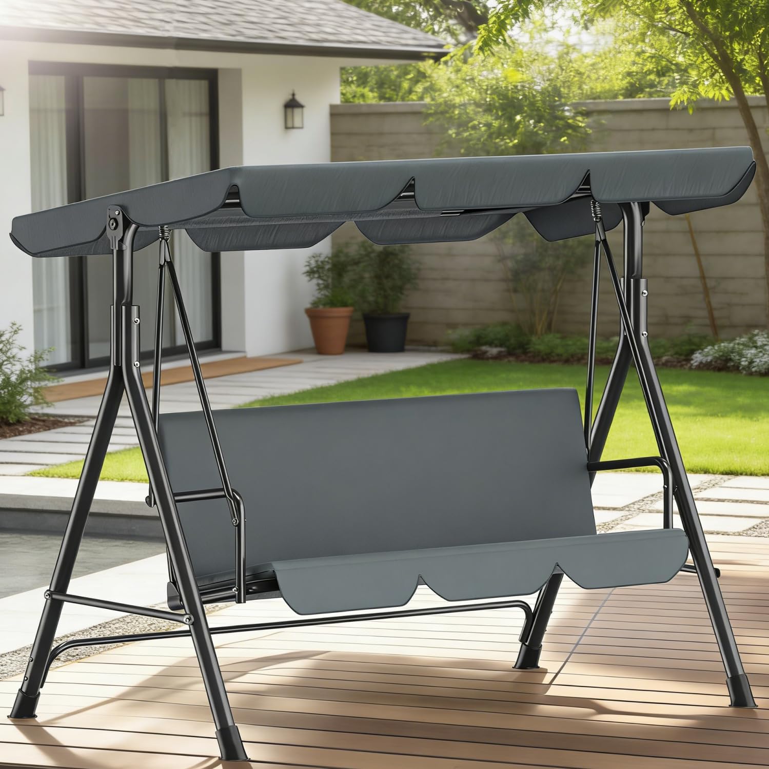 Balancelle de Jardin 3 Places avec Toit Réglable, Exterieur Balançoire de Jardin Imperméable Protection UV, Hollywoodienne Balancelle 220 KG Charge 175 x 110 x 152cm, pour Terrasse, Gris