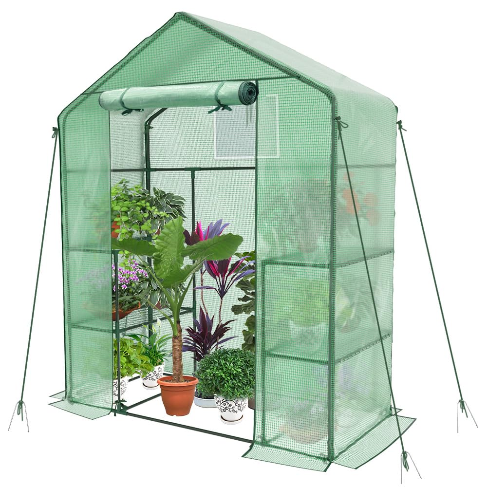 VOUNOT PE Garden Greenhouse with Shelves 3 Levels Garden Greenhouse for Vegetables Plants Flowers Reinforced Tarpaulin 135g/m2 Protect Your Plants in All Seasons 143 x 143 x 195 cm