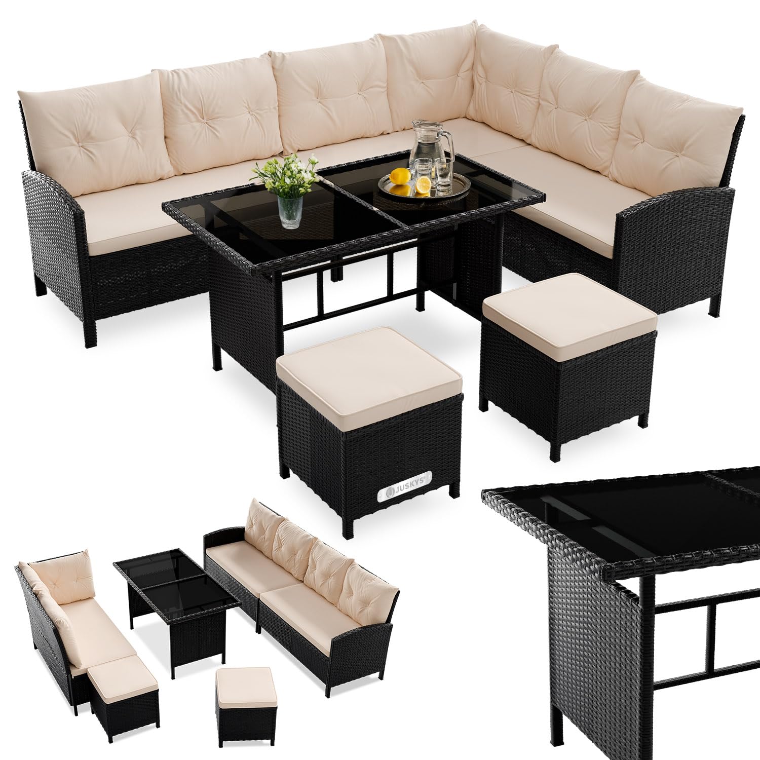 Juskys Manacor Black Polyrattan Garden Furniture Set with Sofa, Table, 2 Stools & Cushions - Garden Furniture Set for up to 7 People - Grey Covers