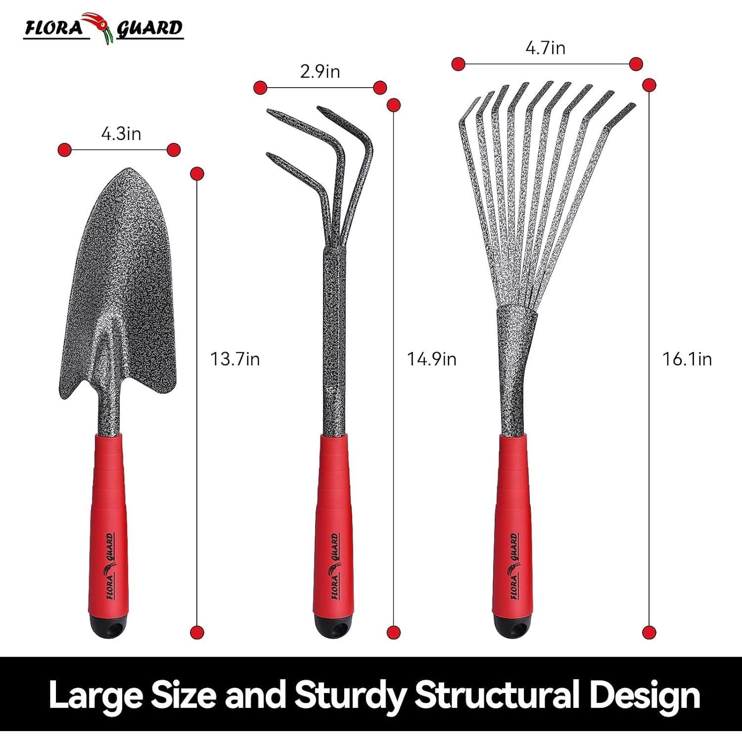FLORA GUARD 6 Pcs Garden Tools Stainless Steel Garden Tool Kit with 2-in-1 Hoe, Treulle, Rakes, Weeder Knife, Hammered Finish, for Pruning and Maintenance