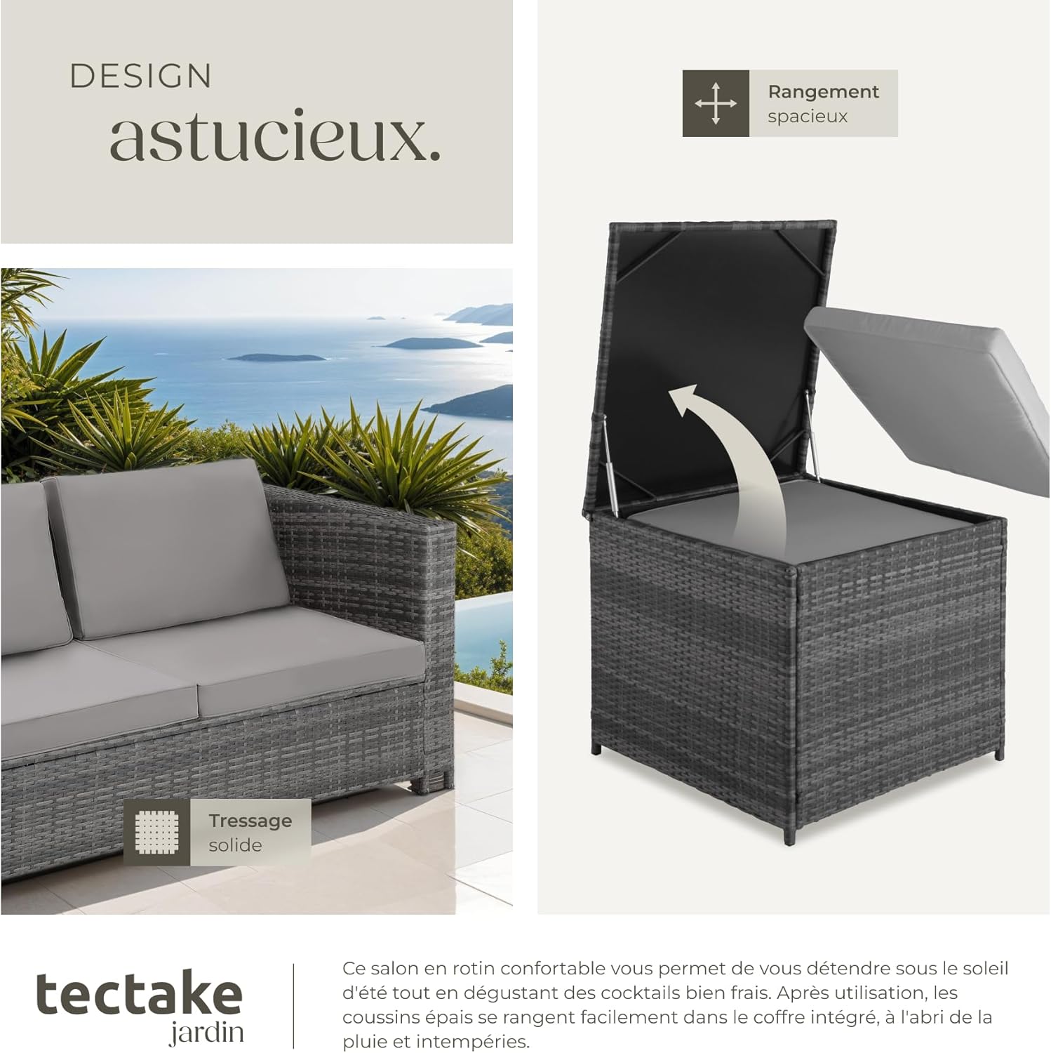 tectake Poly Rattan Outdoor Garden Furniture Set for 4 People, 2 Modular Sofas, Storage Chest and Glass Garden Table Included, Garden Furniture for Balcony