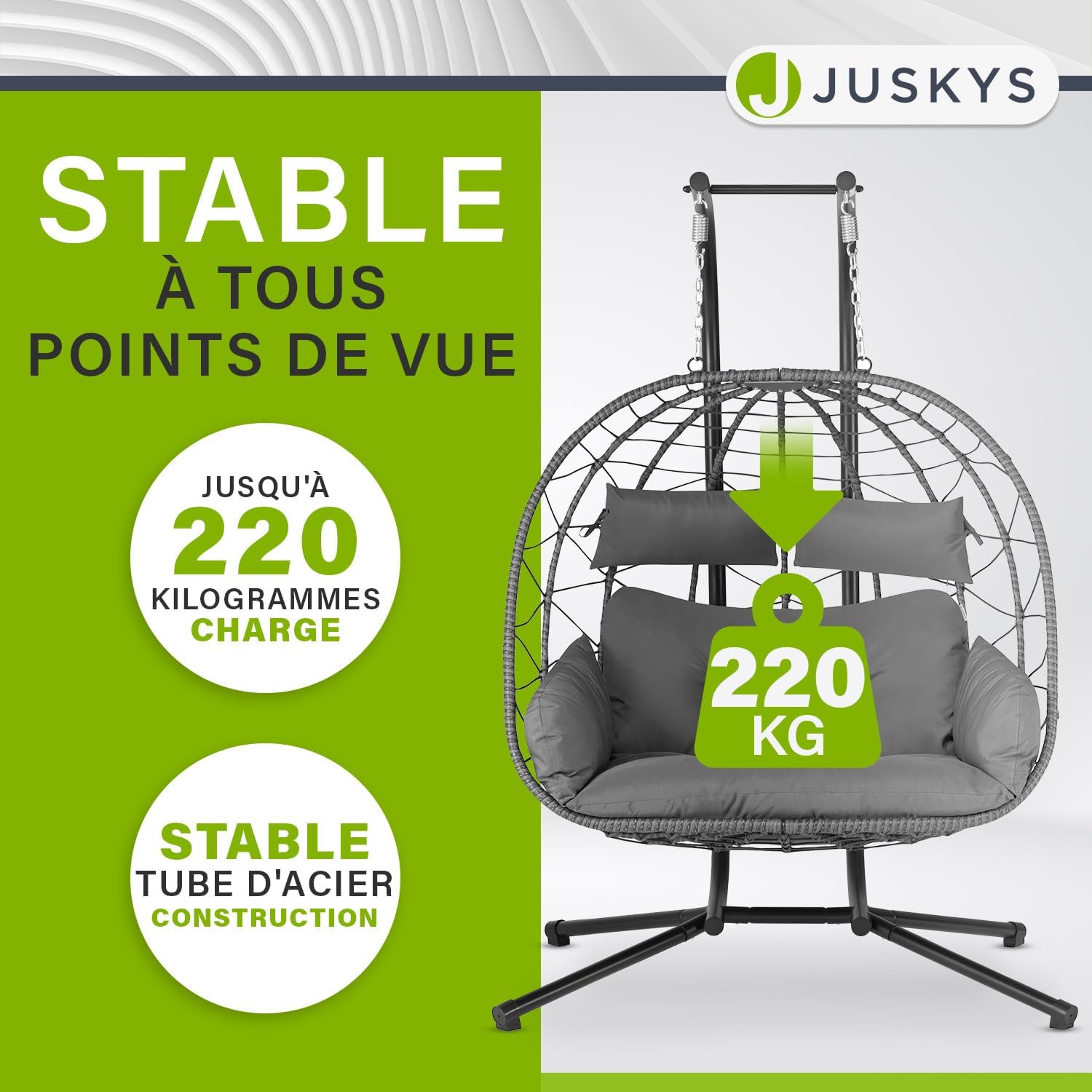 Juskys Aria Double Hanging Chair - Polyrattan Hanging Chair with Support & Cushions - Swing Chair for Two People - Outdoor/Indoor Armchair - XXL Basket Grey