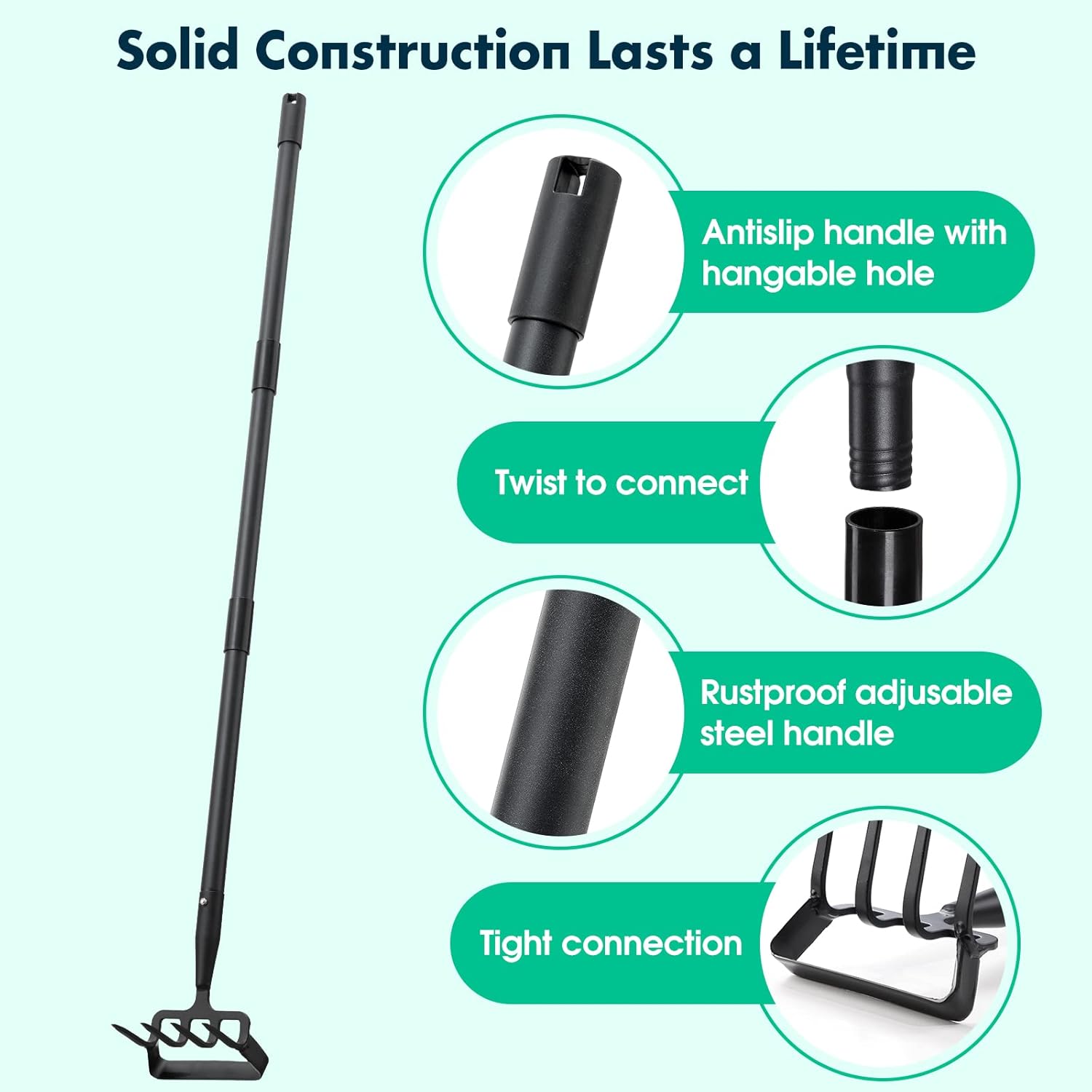 Garden Hoe with Rake, Trident Garden Hoe for Tilling and Weeding Soil, Manual Gardening Cultivator, Adjustable Width 157 cm