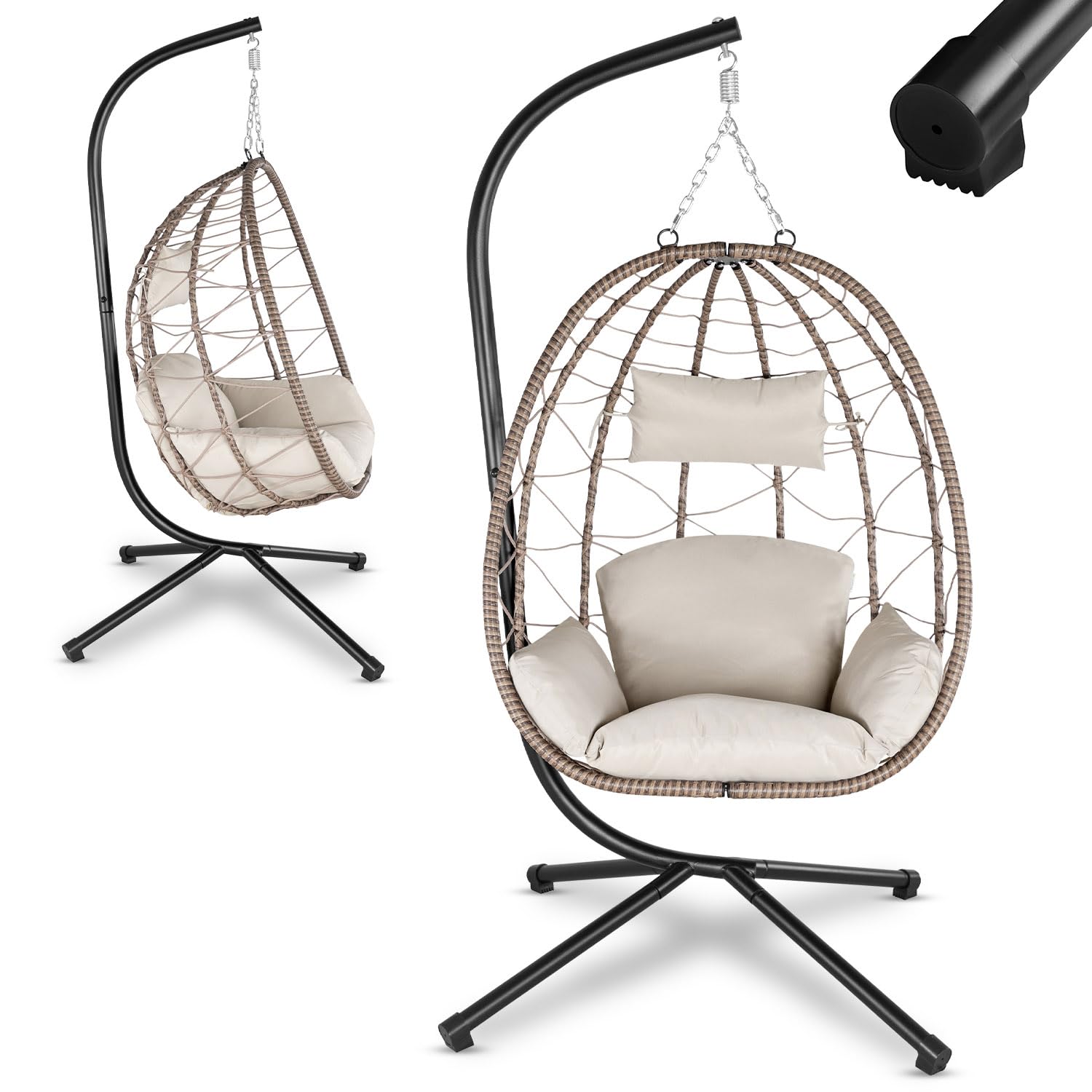 Juskys Aria Hanging Chair with Cushion, Height Adjustable and Foldable, Synthetic Rattan Swing for Outdoor and Indoor Use, Dark Grey Wicker Seat up to 130 kg