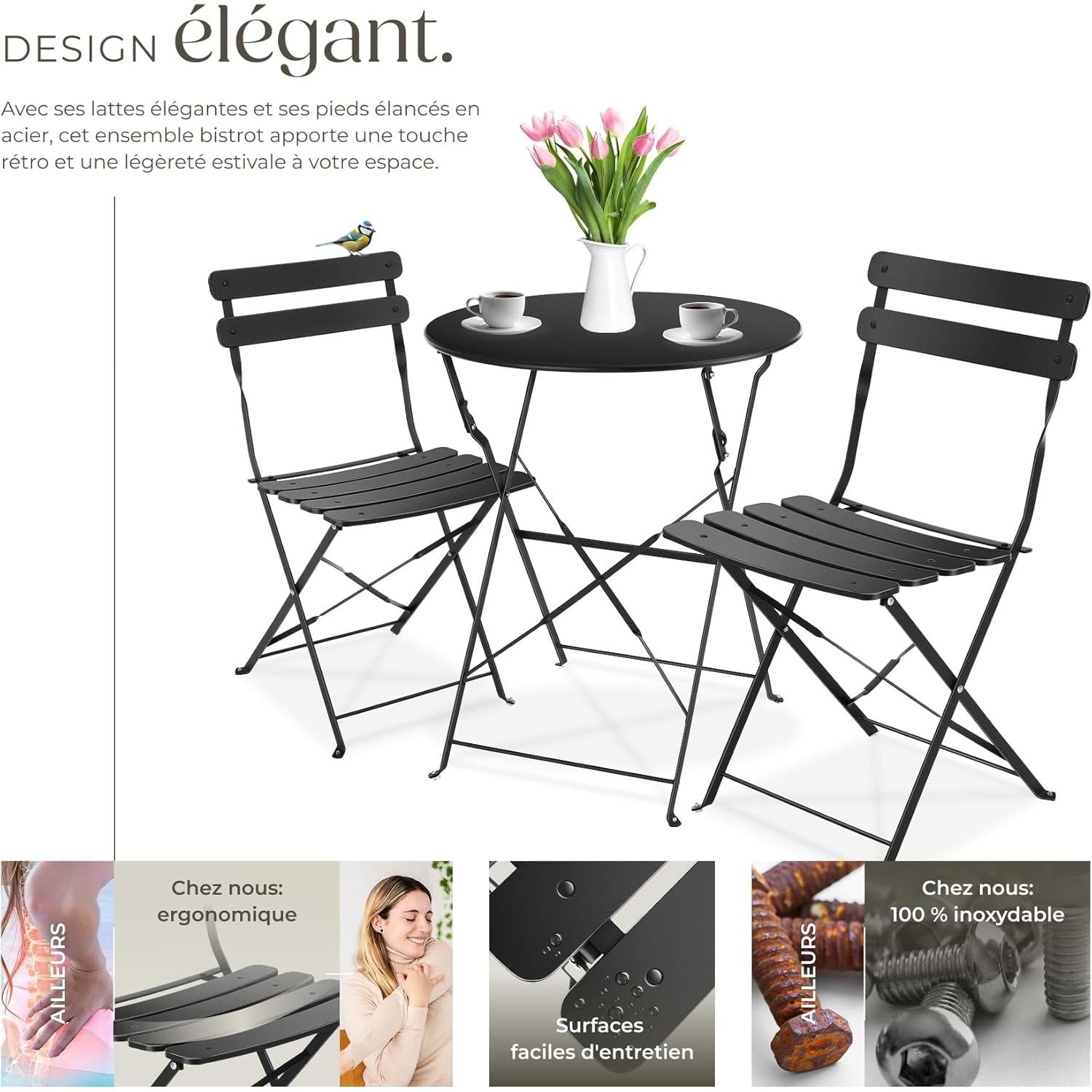 tectake Round Table and Folding Chairs Bistro Table Bar Outdoor Garden Lounge Set for 2 People, Epoxy Steel Structure, Garden Furniture, Balcony, Terrace, Garden Furniture