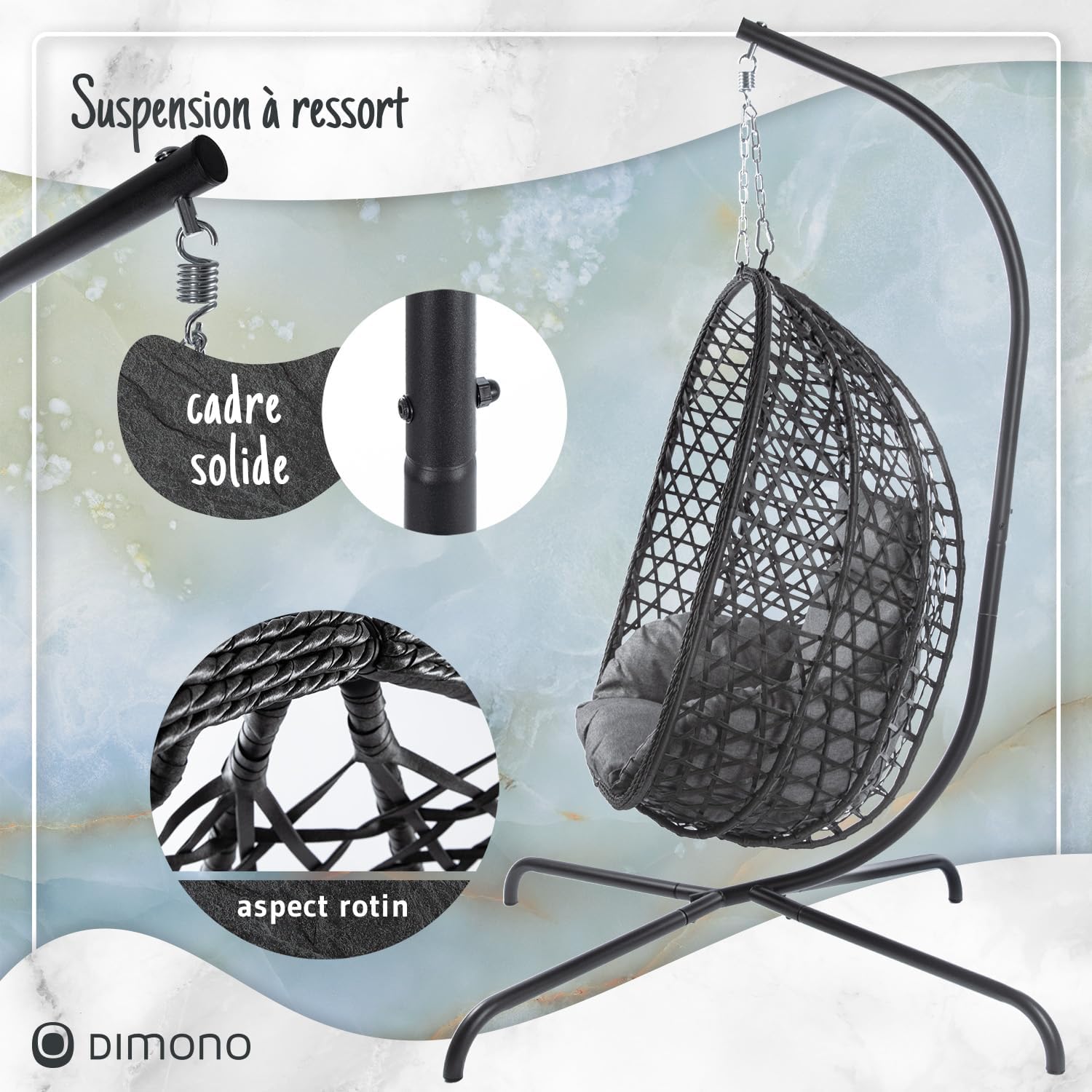 Hanging Chair with Stand, Rattan Relaxation Chair, Outdoor & Indoor, Egg Swing Ideal for Garden, Patio, Reading Corner UVM, Load Capacity of 120 kg (Grey)