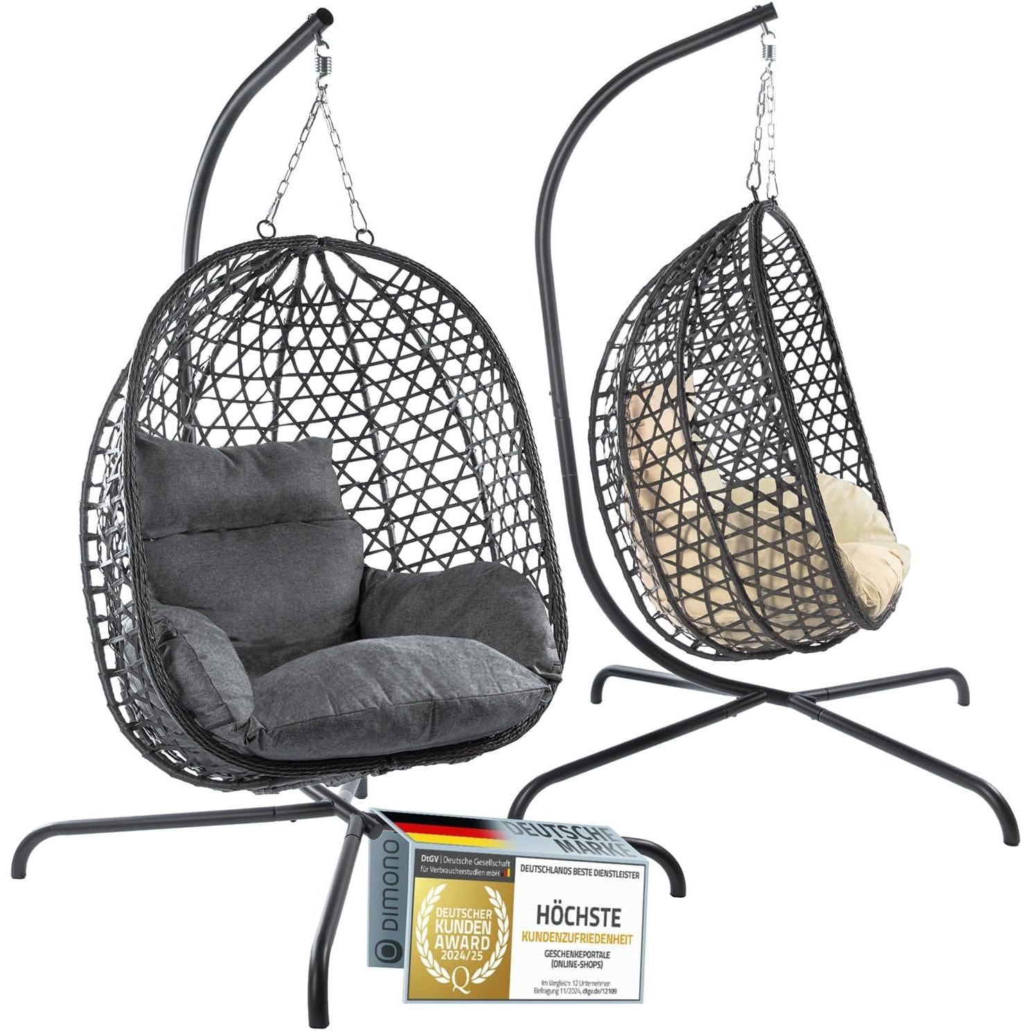 Hanging Chair with Stand, Rattan Relaxation Chair, Outdoor & Indoor, Egg Swing Ideal for Garden, Patio, Reading Corner UVM, Load Capacity of 120 kg (Grey)