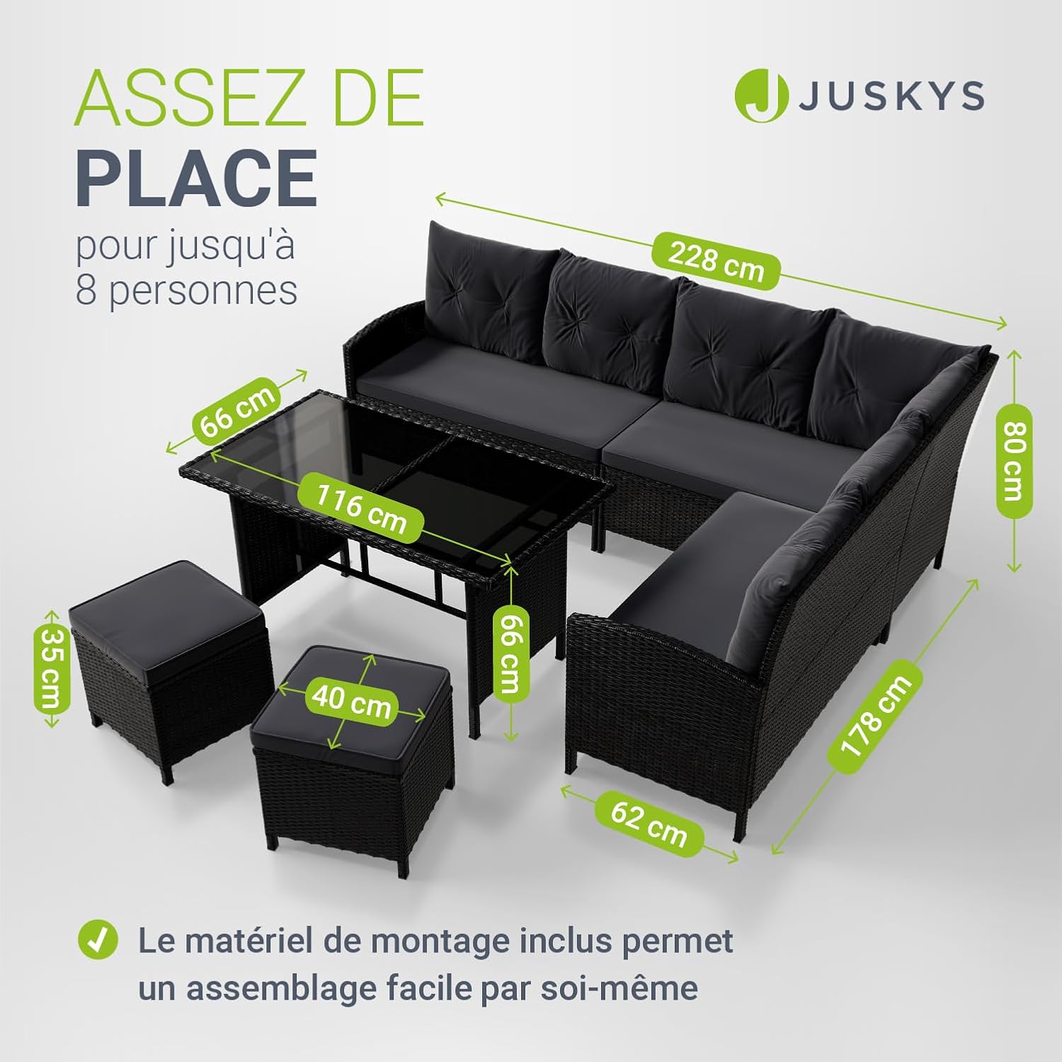 Juskys Manacor Black Polyrattan Garden Furniture Set with Sofa, Table, 2 Stools & Cushions - Garden Furniture Set for up to 7 People - Grey Covers