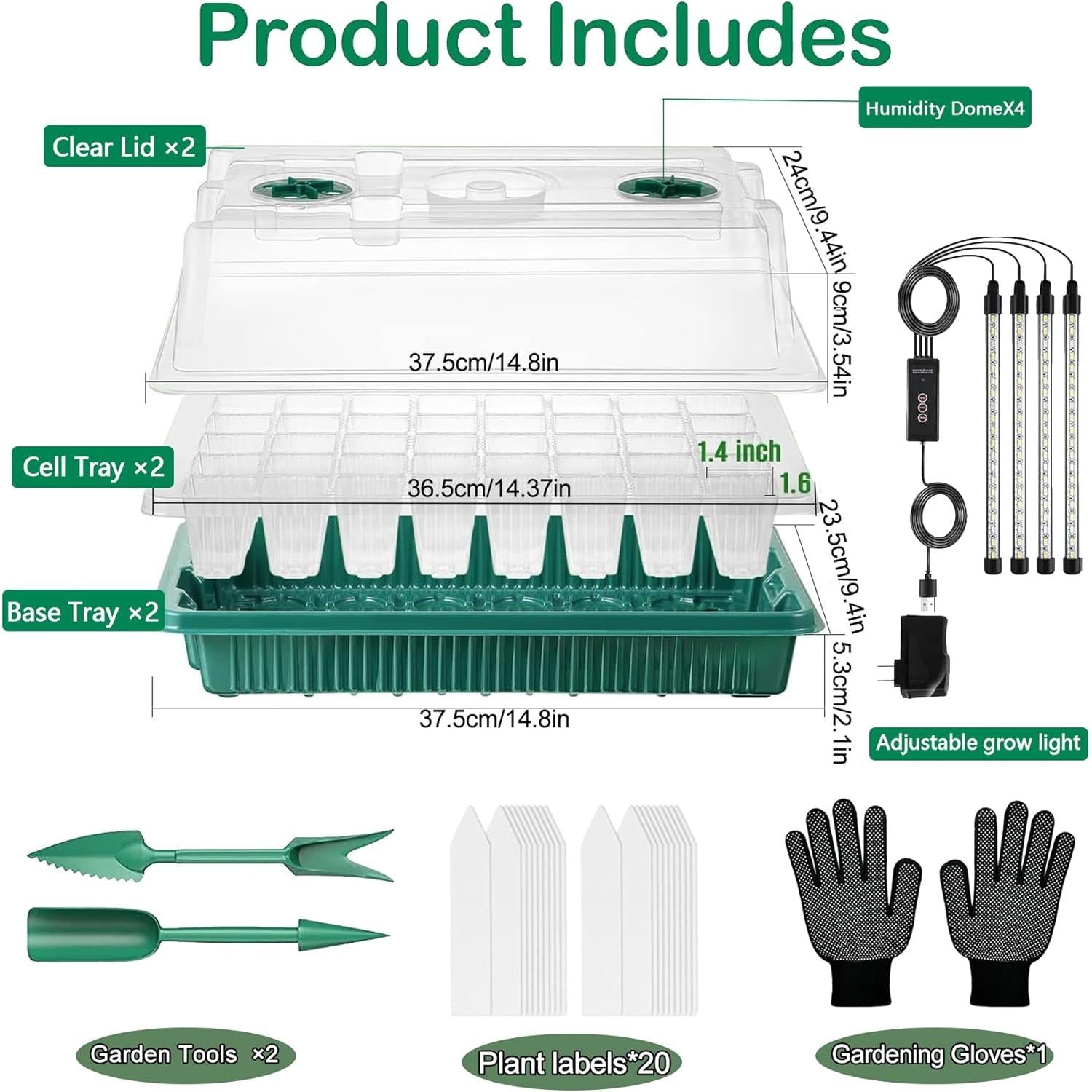 VEEKAY Greenhouse for Plants Kit, 2 Pieces 80Cells Seedling Tray, Greenhouse Grow Kit with LED Brightness, Adjustable Temperature and Humidity, with Plant Labels, Gardening Tools, Gloves