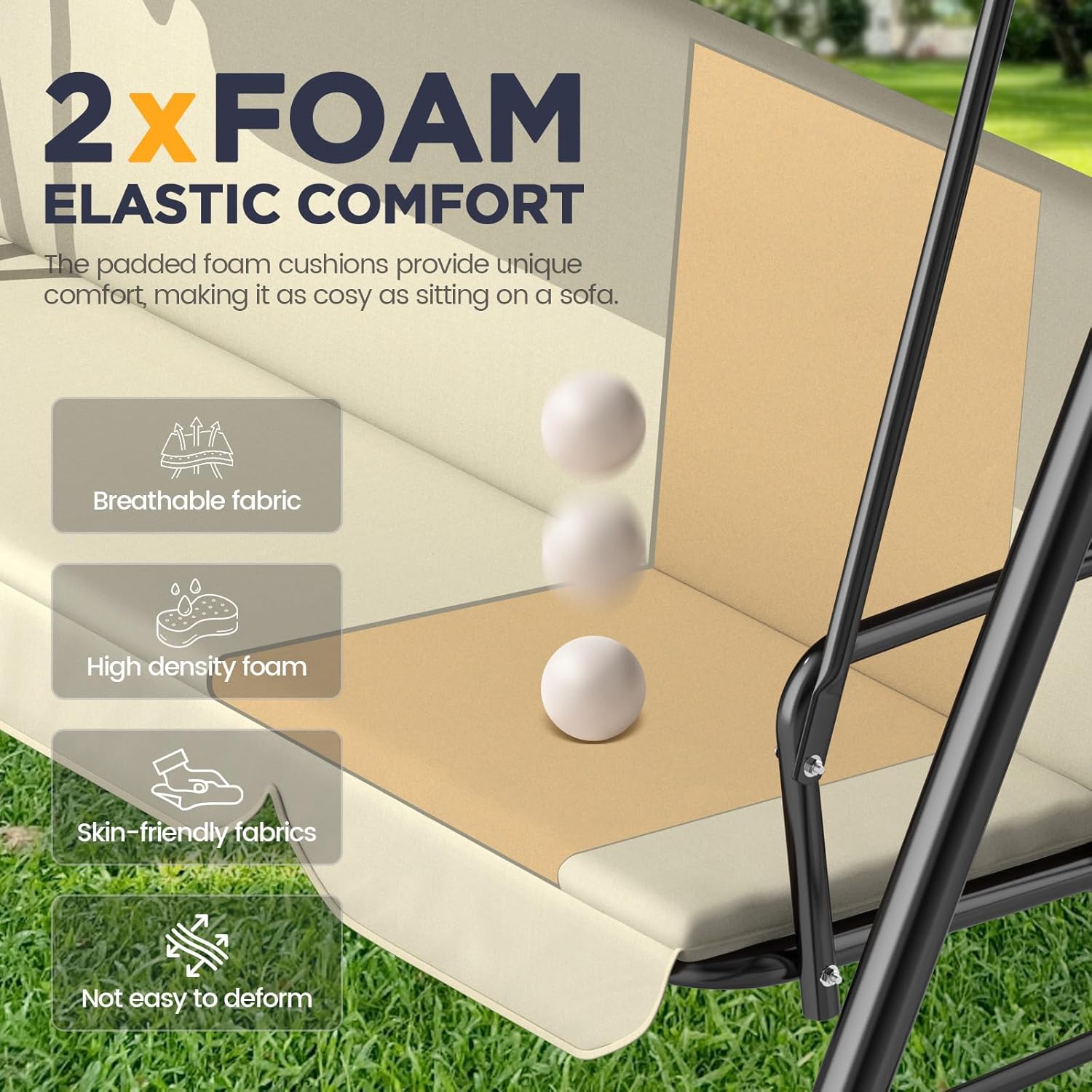 Ergonomic 3 Seater Swing Chair with Adjustable Roof, Garden Swing with Non-Slip Feet, Stable Metal Frame, Water Resistant, Outdoor Swing for Patio and Garden, Beige