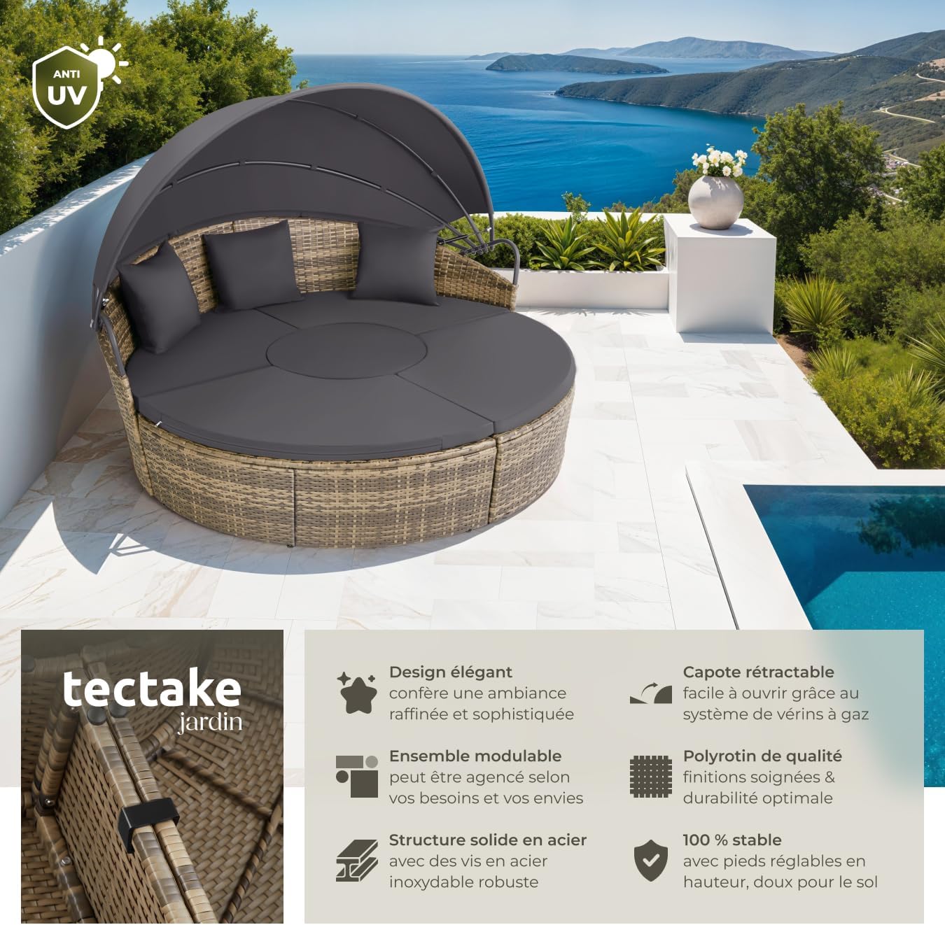 tectake Sun Lounger Outdoor Modular Wicker Resin Garden Furniture with Folding Sun Shade Cushions Included Relax Garden Furniture for Balcony Terrace Veranda