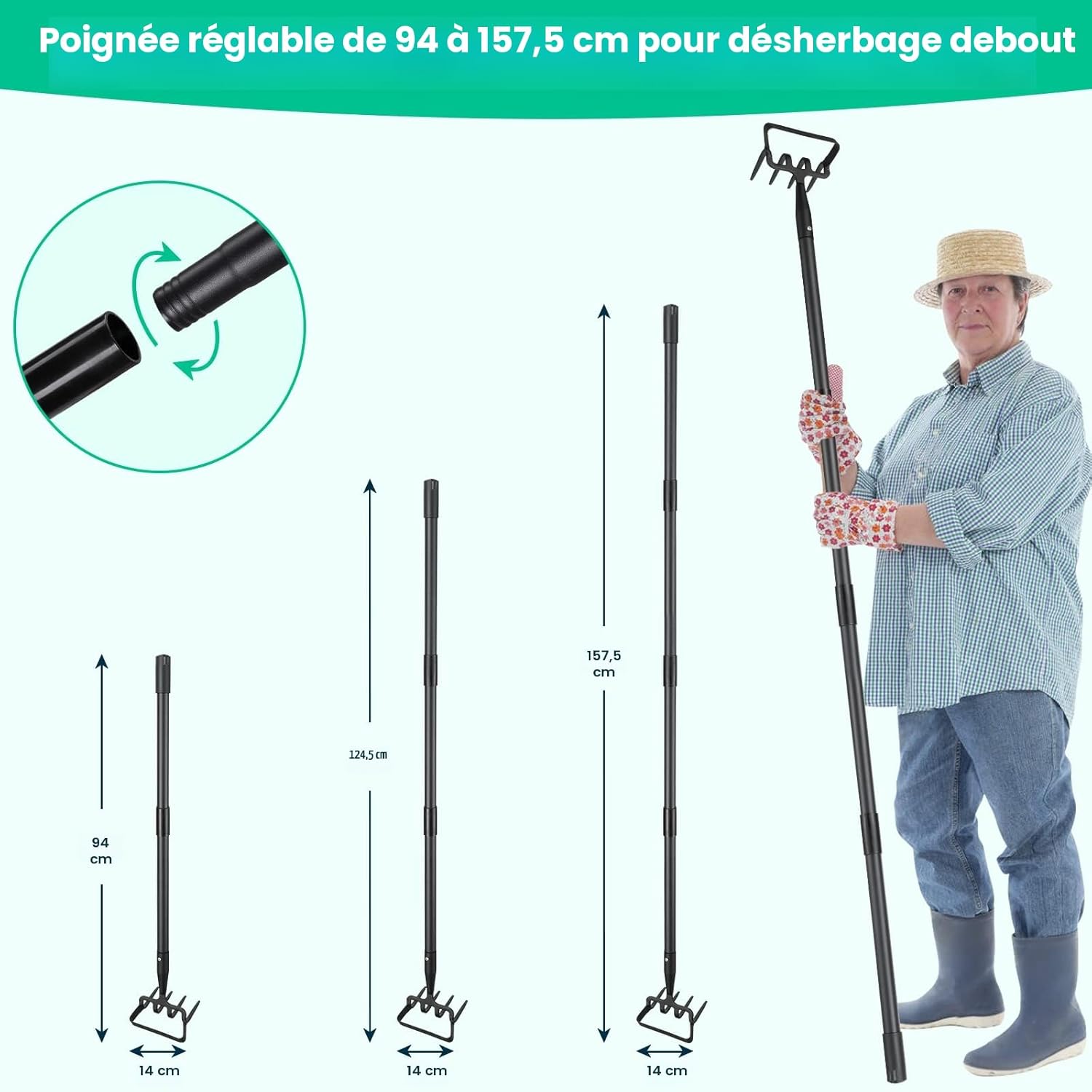 Garden Hoe with Rake, Trident Garden Hoe for Tilling and Weeding Soil, Manual Gardening Cultivator, Adjustable Width 157 cm