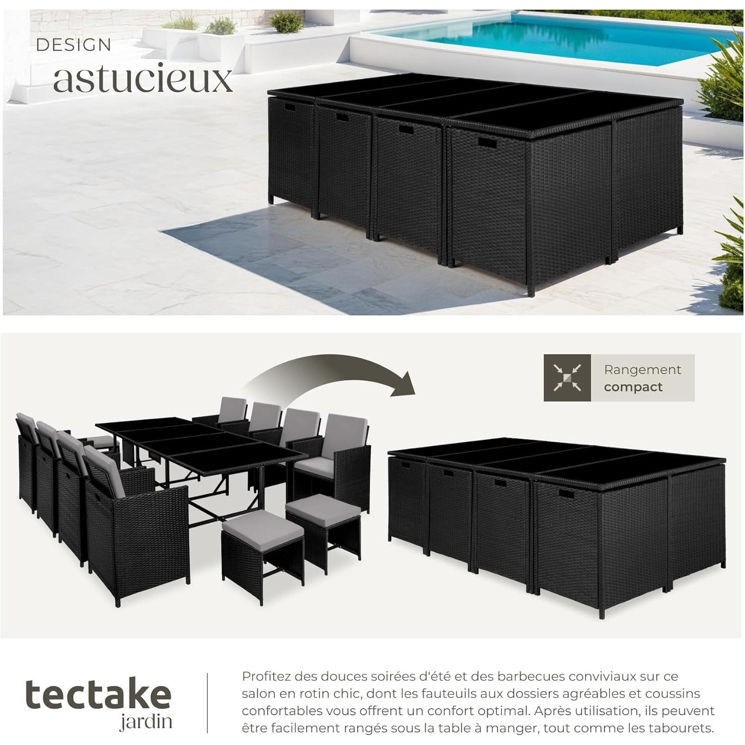 tectake Woven Resin Garden Furniture - Outdoor Dining Set - 8 Comfortable Chairs 4 Stools 1 Table - Furniture for Balcony Terrace - Black/Grey