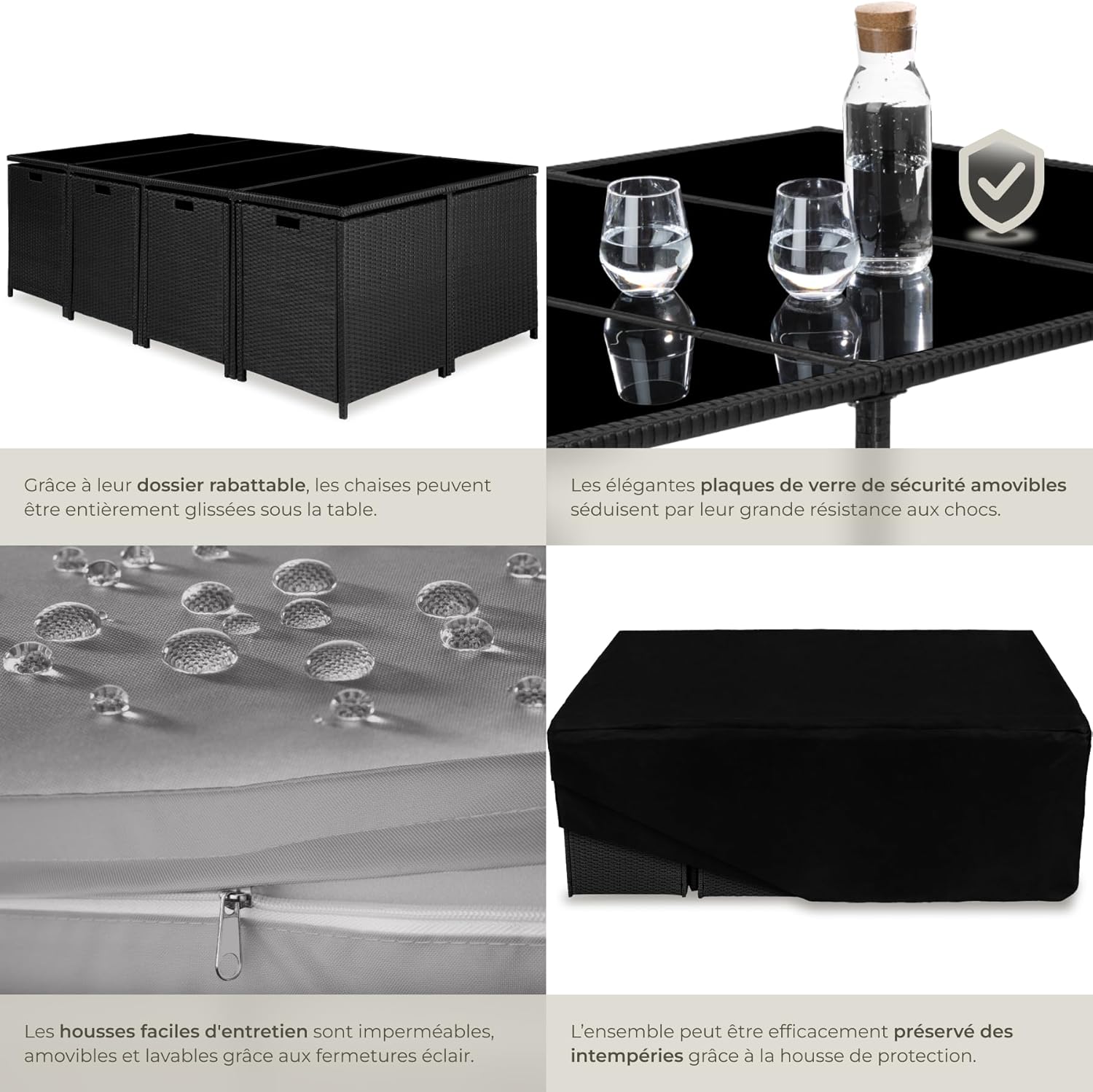 tectake Woven Resin Garden Furniture - Outdoor Dining Set - 8 Comfortable Chairs 4 Stools 1 Table - Furniture for Balcony Terrace - Black/Grey