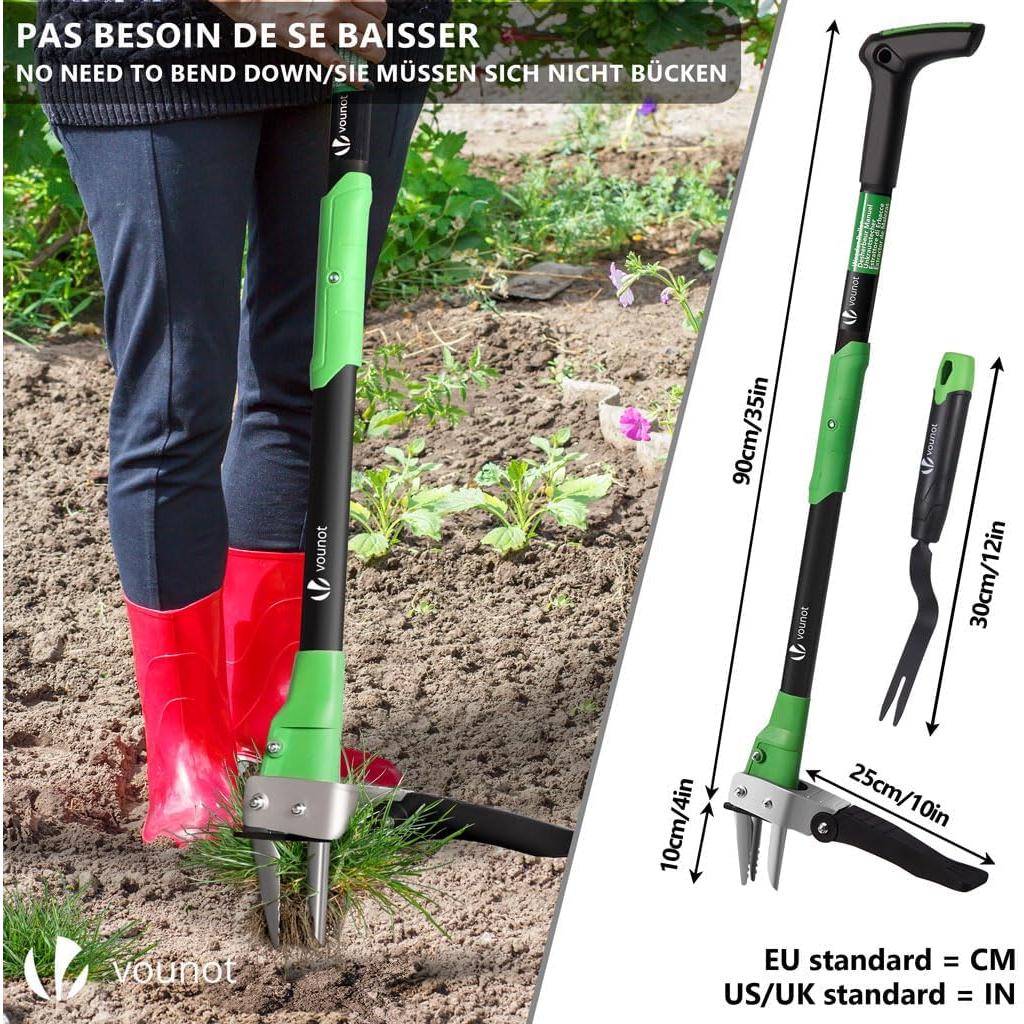 vounot® Manual Weed Killer Length 100 cm Stainless Steel with Hand Fork Weed Extractor Tool Solid Long Handle Ideal for Garden Lawn