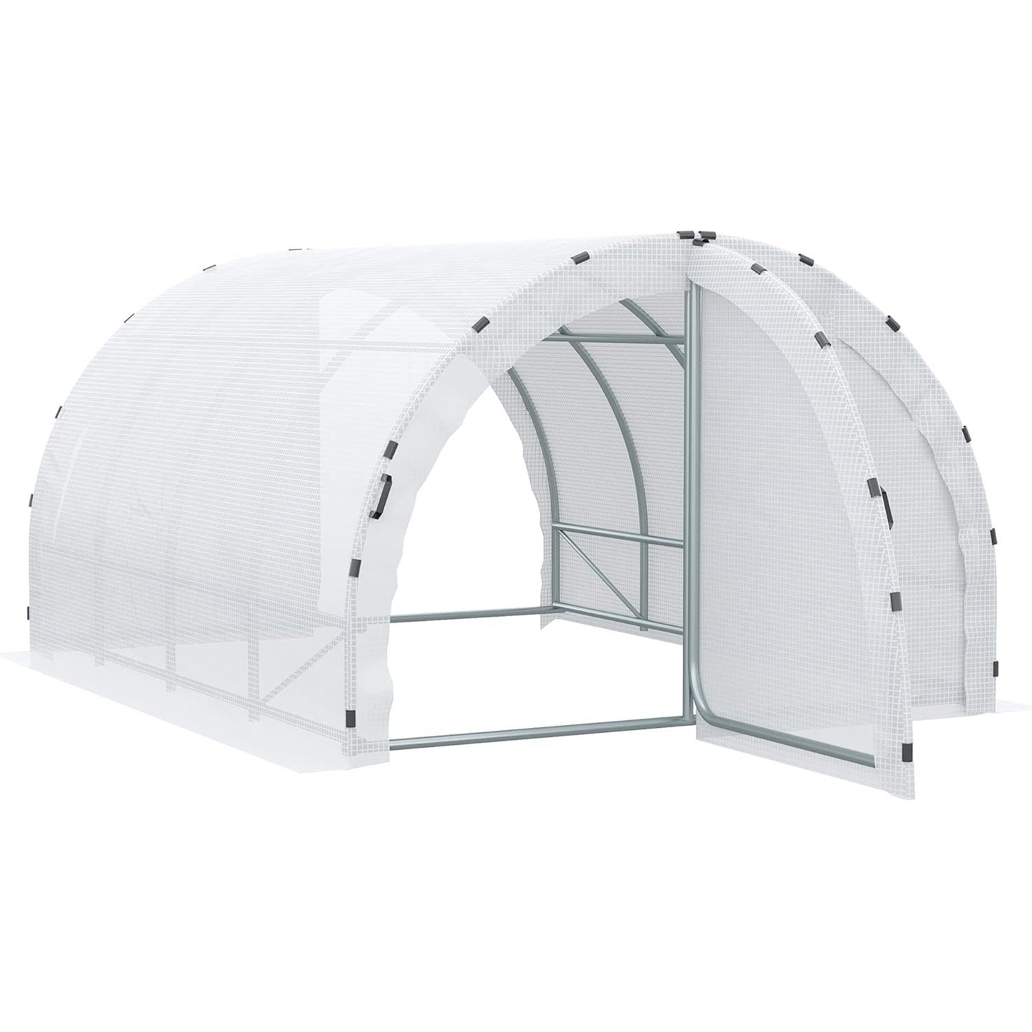 Outsunny Garden Greenhouse Tunnel Ground Surface 12 m² 4L x 3W x 2H m Reinforced Tubular Frame 25 mm Double Door with Handles White