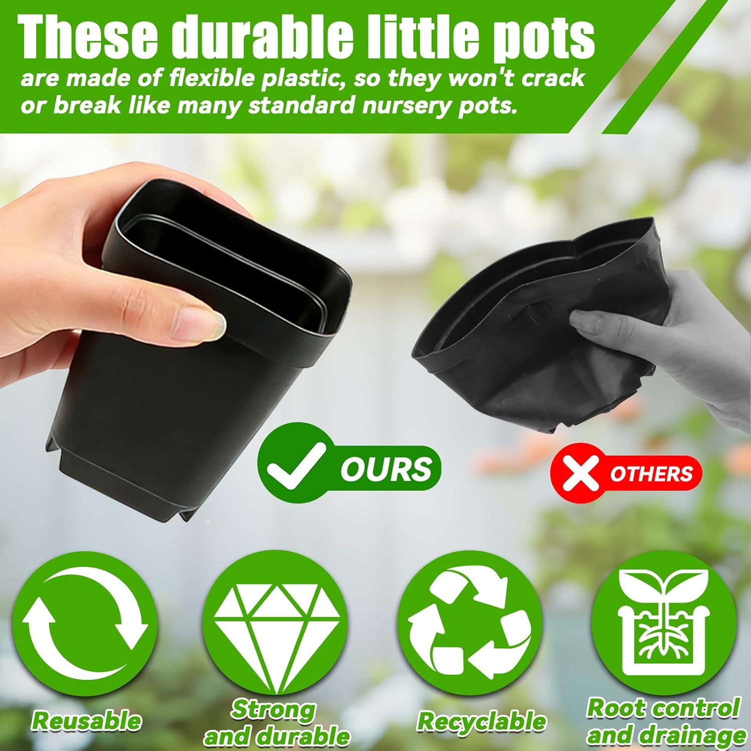 Seedling Pots Diameter 5.5 x 5.5 cm, Pack of 100, Plastic Plant Pots with Drainage Hole, Black Plastic Pots for Indoor and Garden, Seedling Pot Container Transplanting