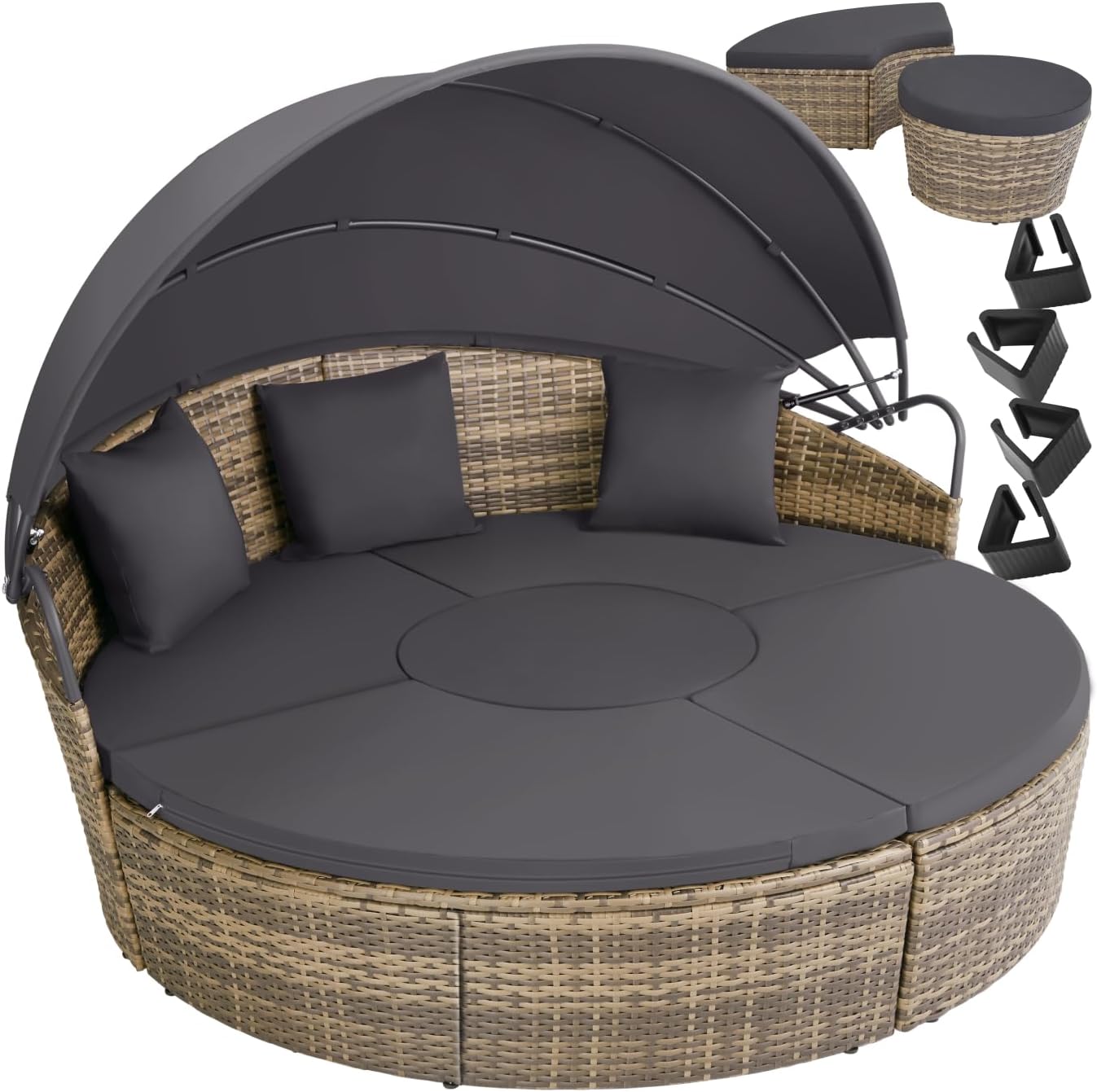 tectake Sun Lounger Outdoor Modular Wicker Resin Garden Furniture with Folding Sun Shade Cushions Included Relax Garden Furniture for Balcony Terrace Veranda