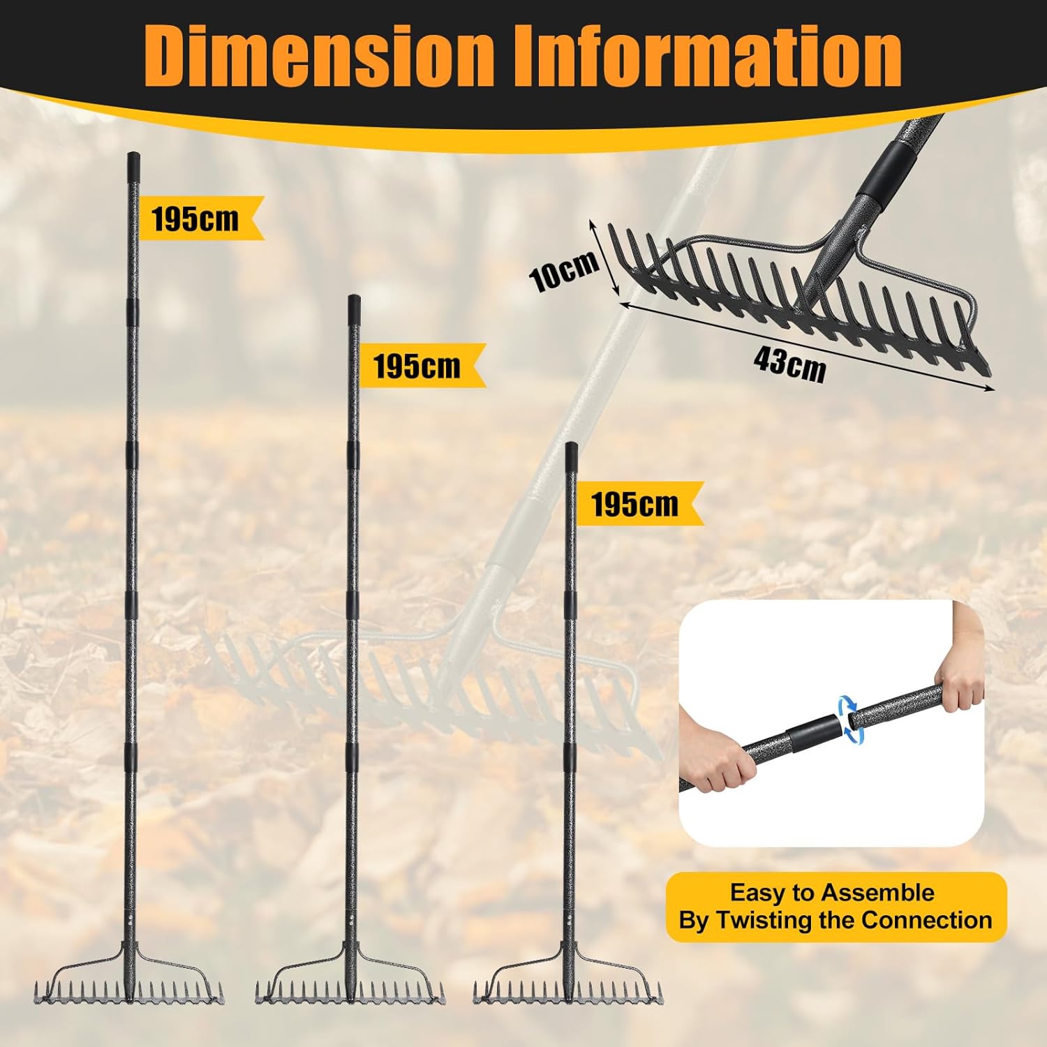 Bow Rake 17 Teeth Metal Rake Heavy Duty 4FT Garden Rake with Stainless Steel Handle, Grey