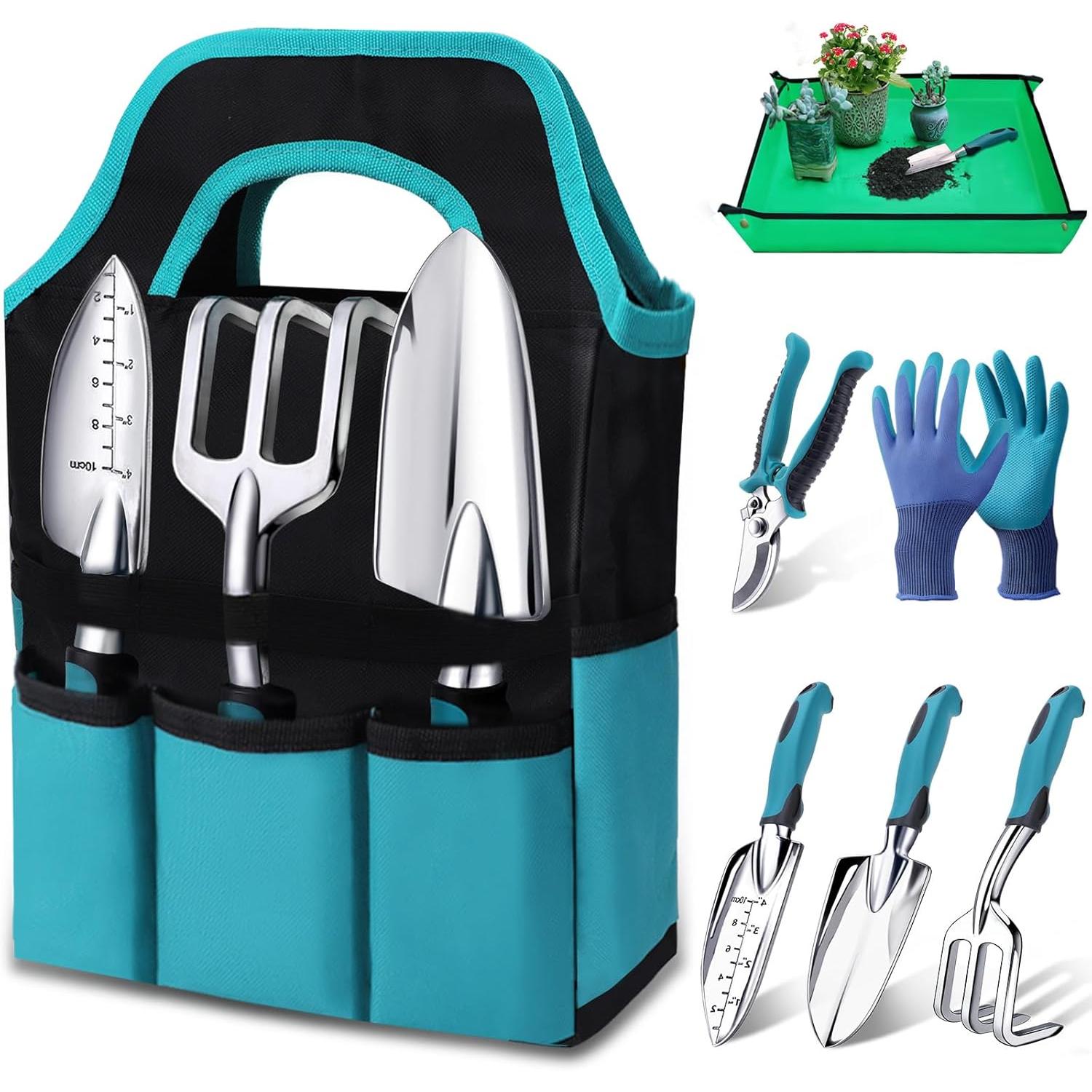 Kynup Gardening Tool Kit, 7 Piece Gardening Tool, Rust Resistant Garden Gift Set with Durable Storage Tote, Ideal Gardening Gifts for Women and Men