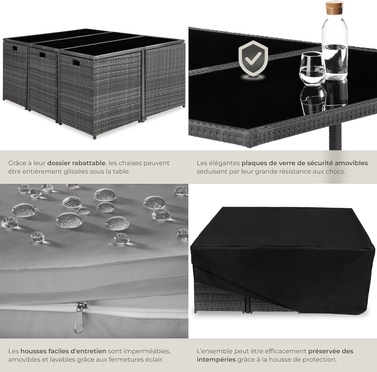 tectake Poly Rattan Outdoor Resin Woven Garden Furniture Table 10 Person 6 Rattan Chair 4 Recessed Pouffe Stool with Protective Cover, Easy Care