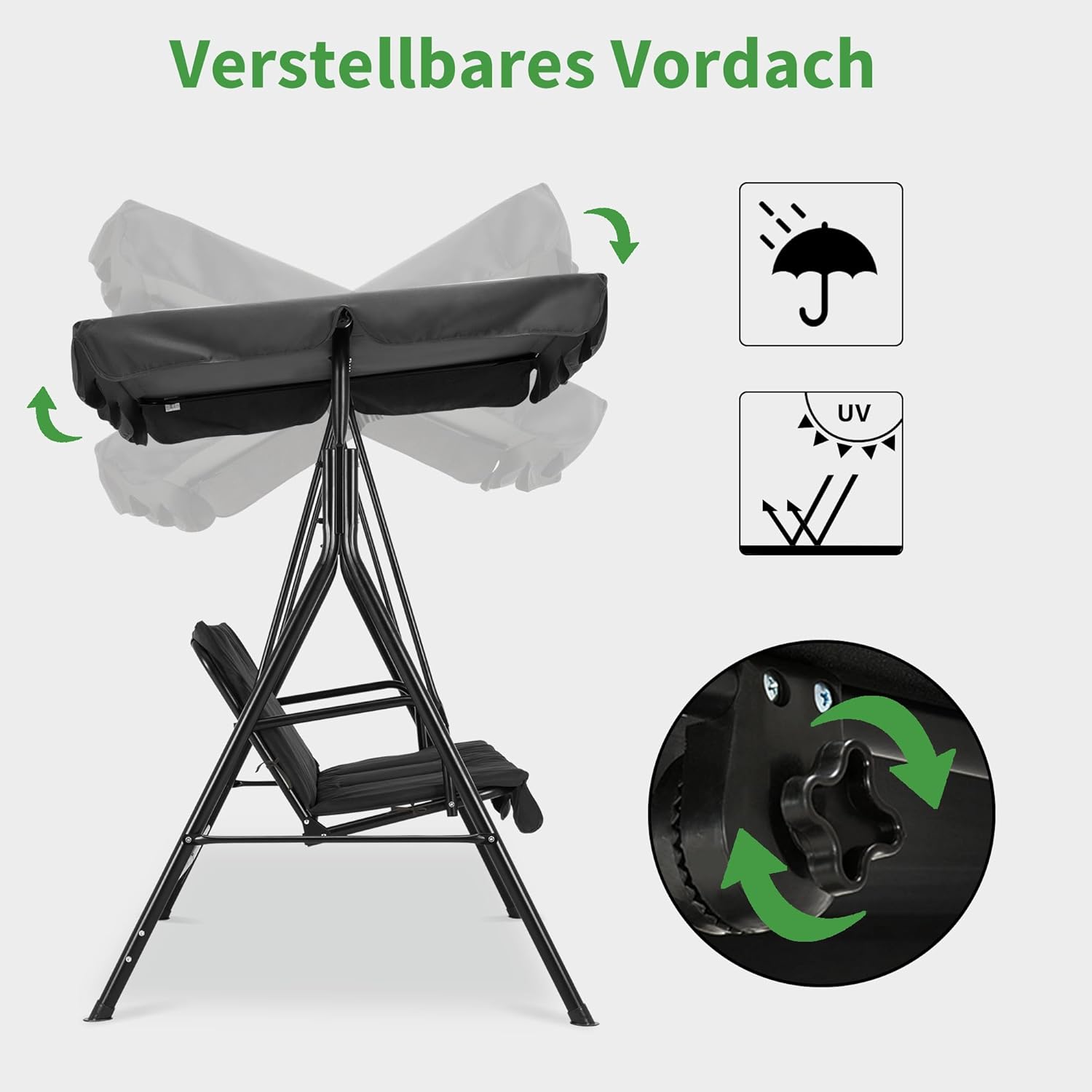 M MCombo Hollywood 3 Seater Swing, Garden Swing with Adjustable Roof, Outdoor Rocking Bench, Weatherproof Garden Lounger, 114 x 170 x 155 cm, Black 8003