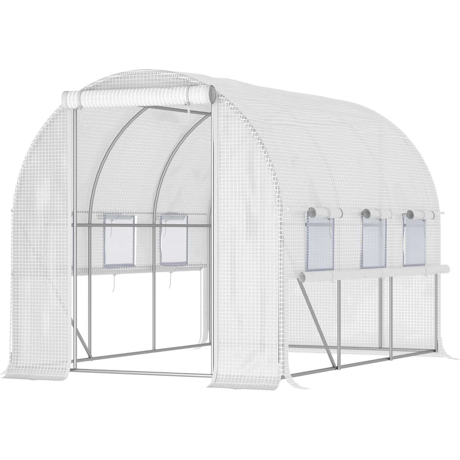 Outsunny Tunnel Garden Greenhouse, 6 m² Greenhouse Tunnel with 6 Windows and 1 Roll-Up Door, Polyethylene Canvas, Galvanised Steel Structure, White
