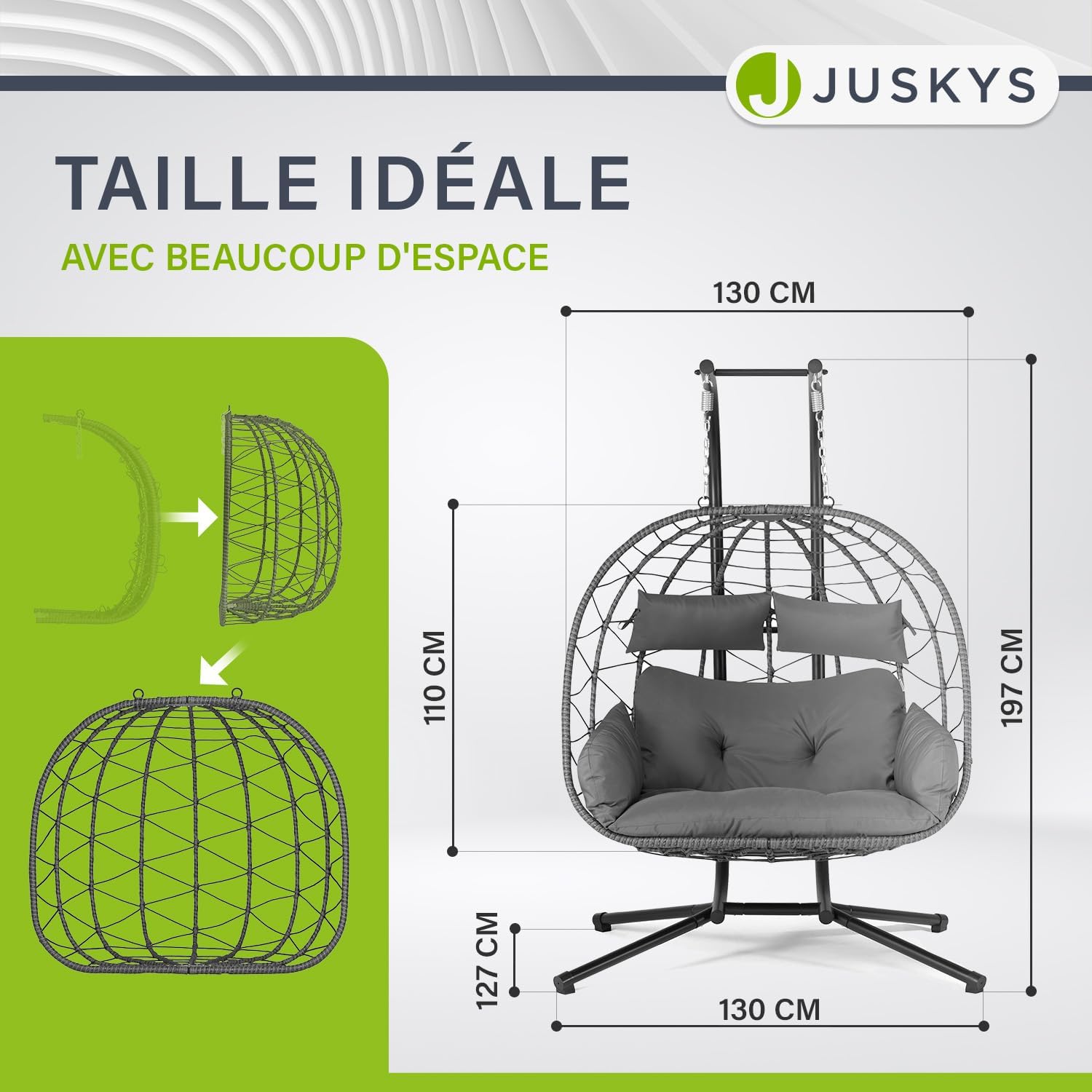 Juskys Aria Double Hanging Chair - Polyrattan Hanging Chair with Support & Cushions - Swing Chair for Two People - Outdoor/Indoor Armchair - XXL Basket Grey