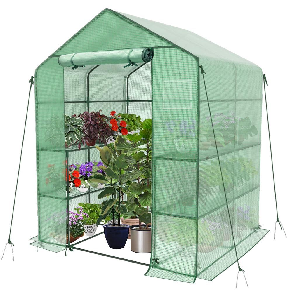 VOUNOT PE Garden Greenhouse with Shelves 3 Levels Garden Greenhouse for Vegetables Plants Flowers Reinforced Tarpaulin 135g/m2 Protect Your Plants in All Seasons 143 x 143 x 195 cm