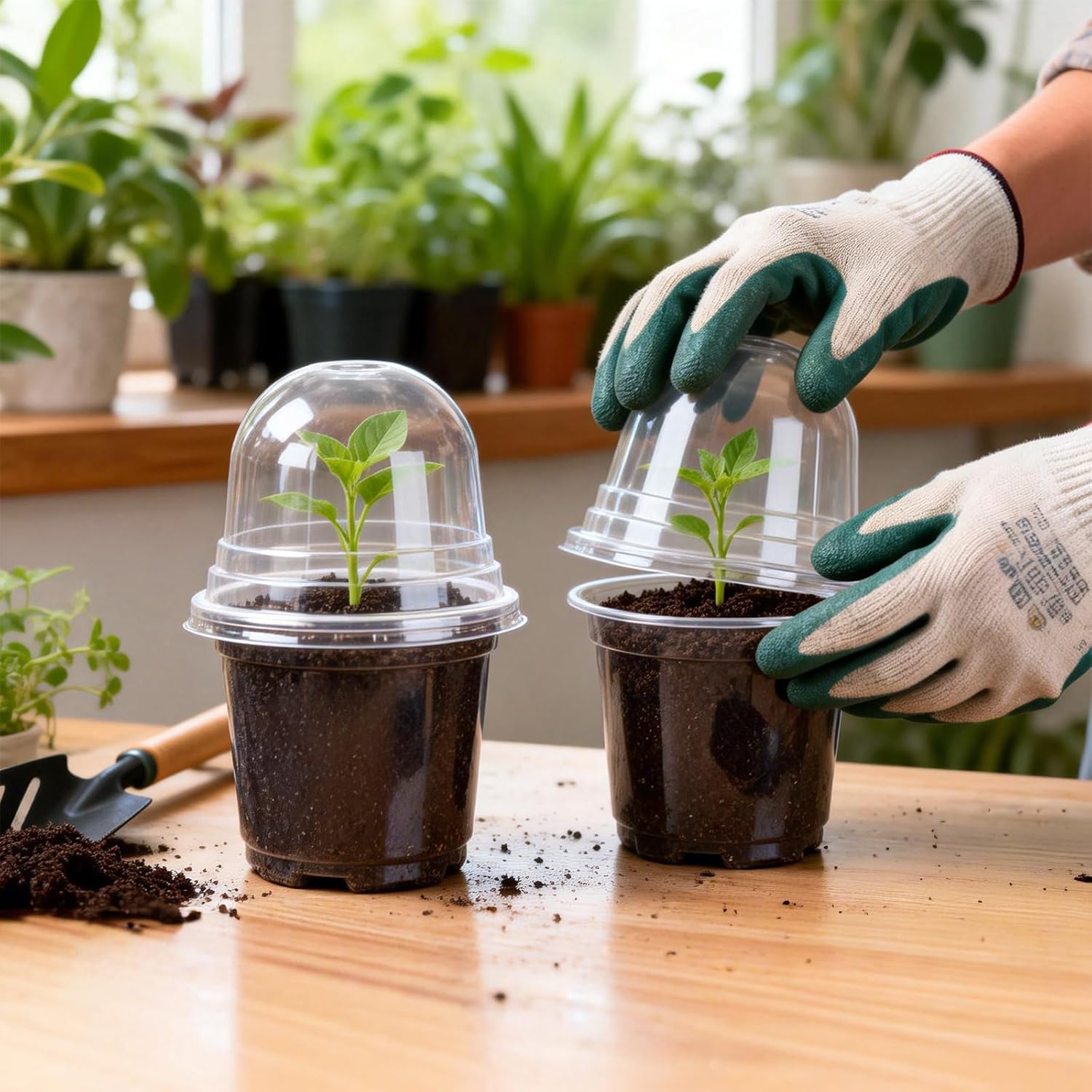 KINGLAKE 10 cm Plant Pot, 12 Plastic Flower Pots, Repotting Pots with Transparent Lid and 10 x Plant Labels, Planting Bucket – Transparent