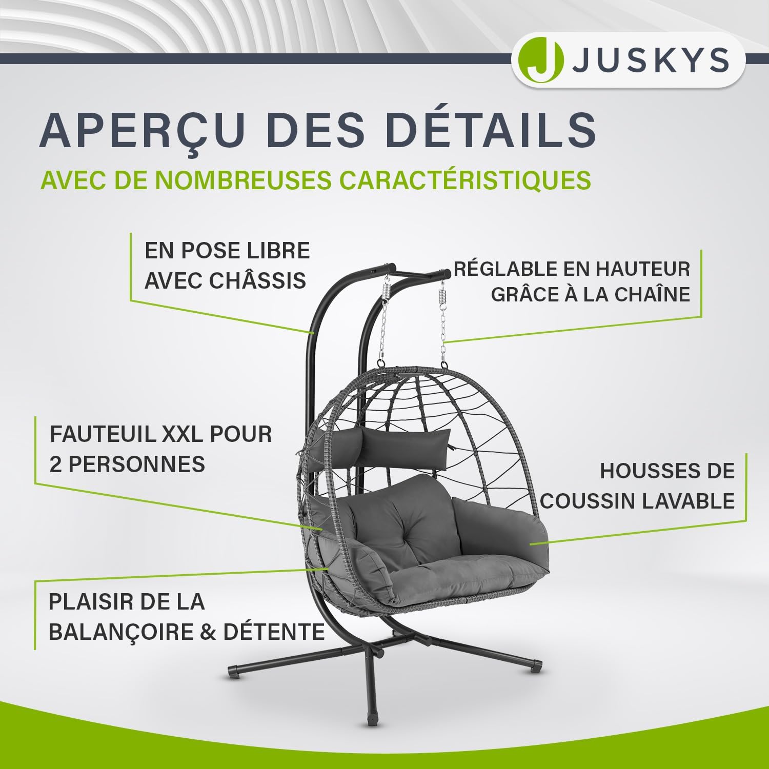 Juskys Aria Double Hanging Chair - Polyrattan Hanging Chair with Support & Cushions - Swing Chair for Two People - Outdoor/Indoor Armchair - XXL Basket Grey