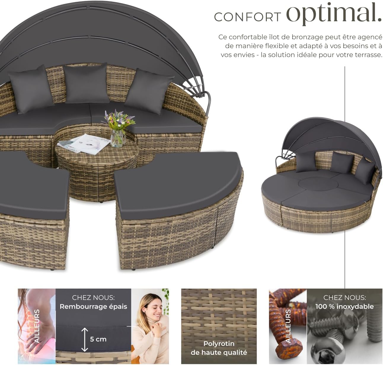 tectake Sun Lounger Outdoor Modular Wicker Resin Garden Furniture with Folding Sun Shade Cushions Included Relax Garden Furniture for Balcony Terrace Veranda