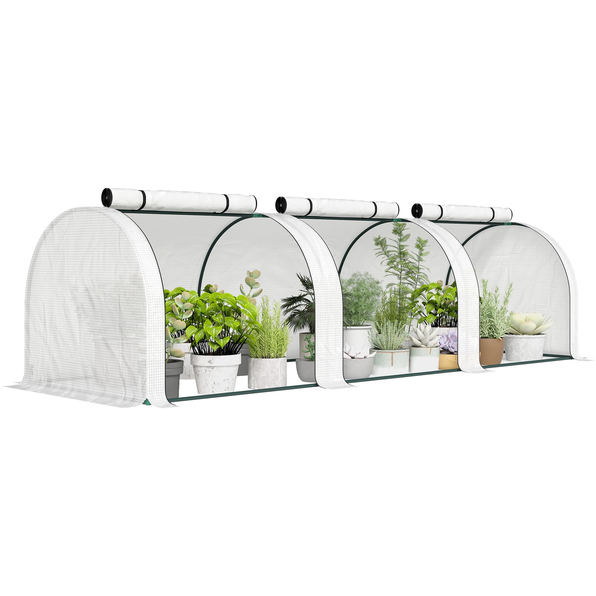 Outsunny Mini Garden Greenhouse Mini Greenhouse Tunnel Tomato Greenhouse 4 x 1 x 0.8 m High Density PE Steel 140 g/m² Anti-UV 4 Doors with Roll-Up Zip White