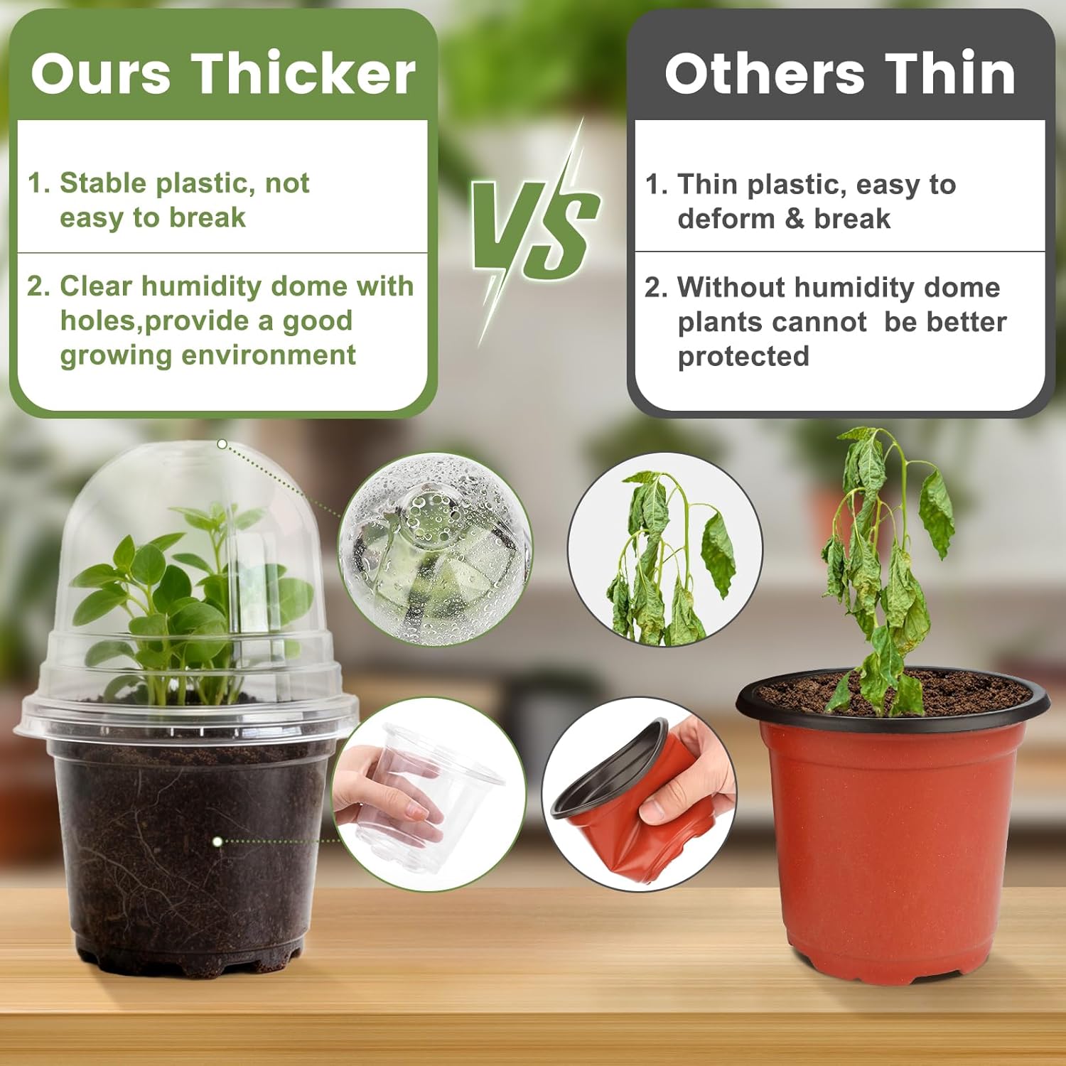 KINGLAKE 10 cm Plant Pot, 12 Plastic Flower Pots, Repotting Pots with Transparent Lid and 10 x Plant Labels, Planting Bucket – Transparent