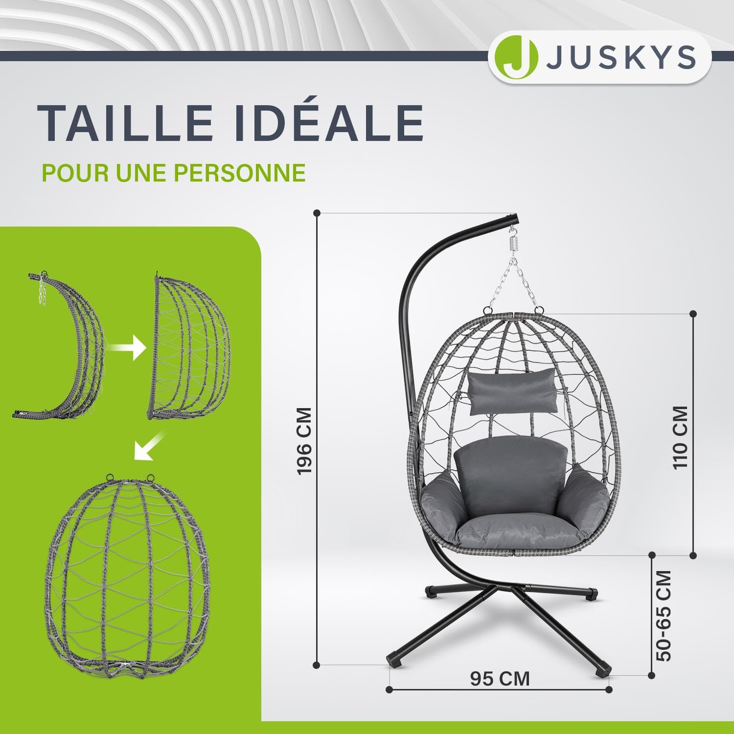 Juskys Aria Hanging Chair with Cushion, Height Adjustable and Foldable, Synthetic Rattan Swing for Outdoor and Indoor Use, Dark Grey Wicker Seat up to 130 kg