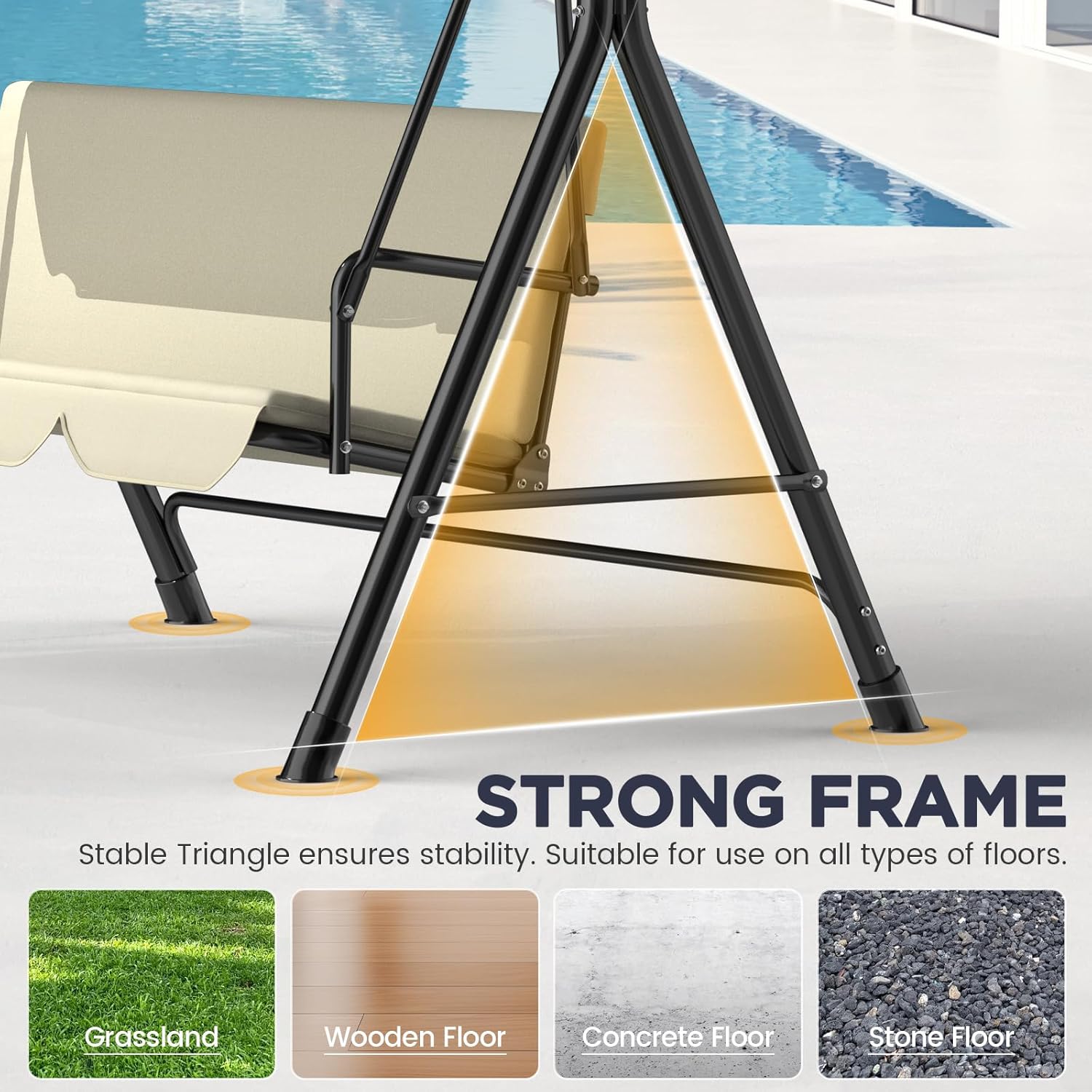 Ergonomic 3 Seater Swing Chair with Adjustable Roof, Garden Swing with Non-Slip Feet, Stable Metal Frame, Water Resistant, Outdoor Swing for Patio and Garden, Beige