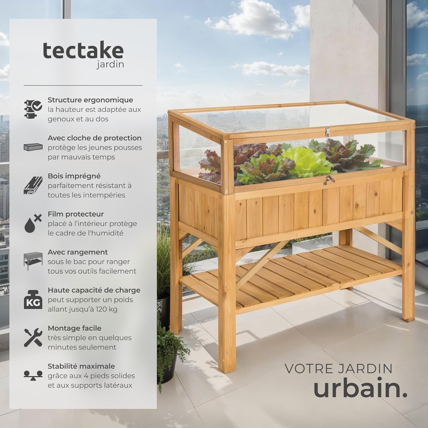 tectake Square Garden Vegetable Garden on Raised Wooden Stand, Wooden Planter Seedling Tray with Storage for Tools, Mini Greenhouse Frame Included – 119 x 57 x 90 cm