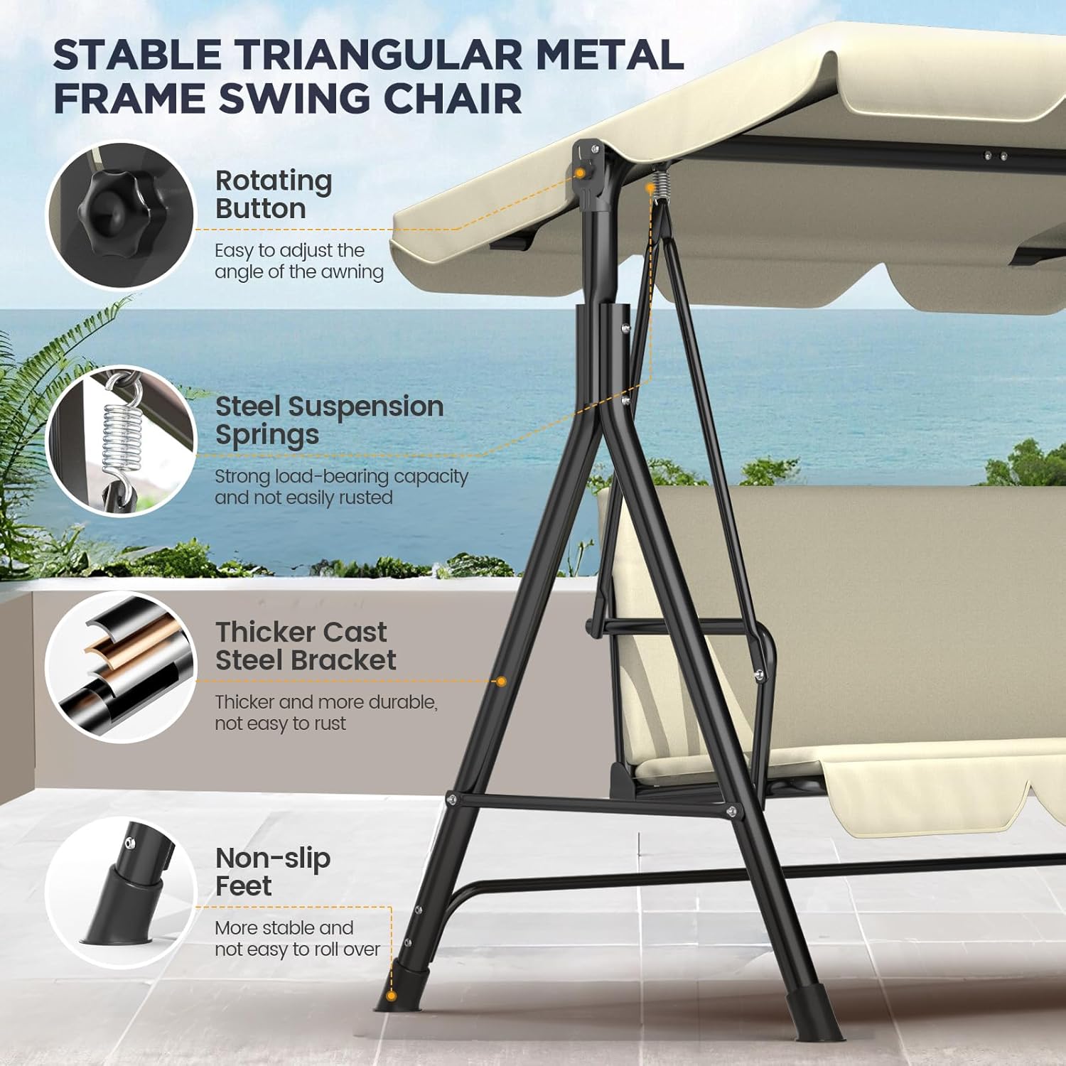 Ergonomic 3 Seater Swing Chair with Adjustable Roof, Garden Swing with Non-Slip Feet, Stable Metal Frame, Water Resistant, Outdoor Swing for Patio and Garden, Beige